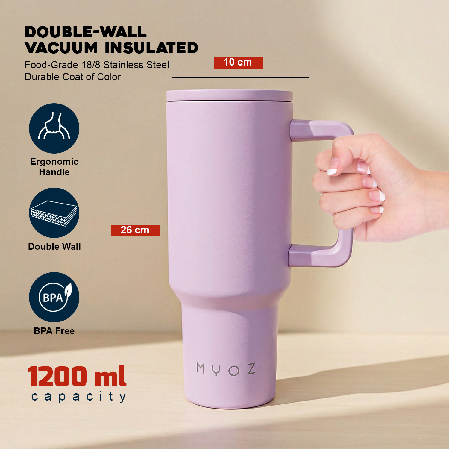 Image of MYOZ Stainless Steel Vacuum Double Insulated Tumbler with Lid Handle & Straw (Purple) Stainless Steel Tumbler