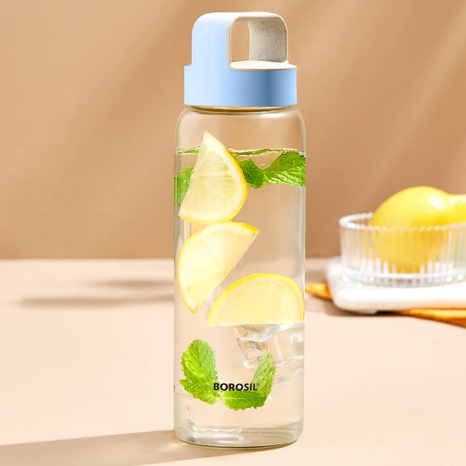 BOROSIL Crysto Wide Mouth Glass Water Bottle with Blue Lid, 750ml, Easy to Carry 750 ml Glass Bottle