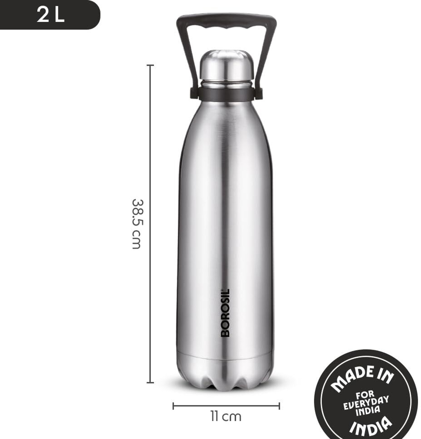 Image of BOROSIL Bolt 2 L Steel Bottle 24 Hours Hot & Cold Double Wall Vaccum Insulated Flask 2000 ml Stainless Steel Bottle
