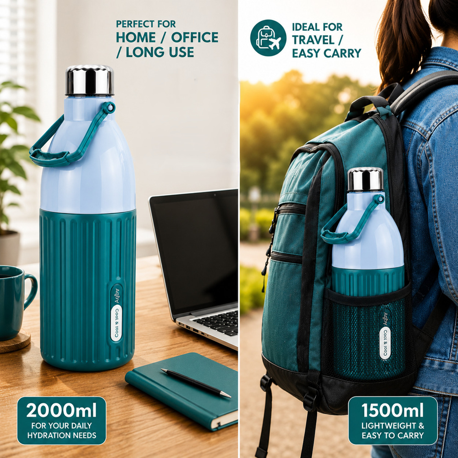 Image of alakh Aqua Cool MS Glacier Blue 2000 ml Plastic Flask