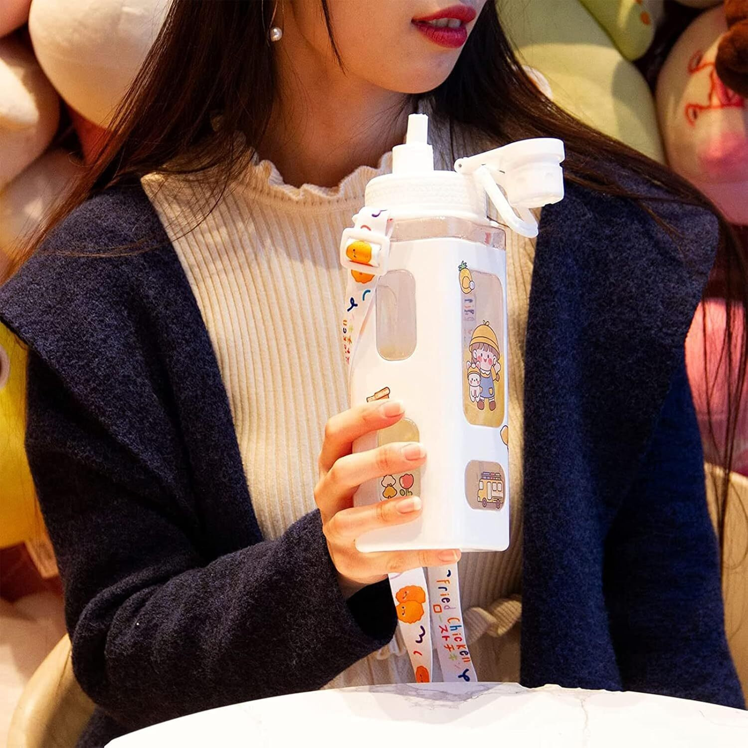 Image of DHANVI ENTERPRISE Cute 700ml Kawaii Water Bottle with Straw 3D Sticker and Stickers with belt 700 ml Plastic Sipper
