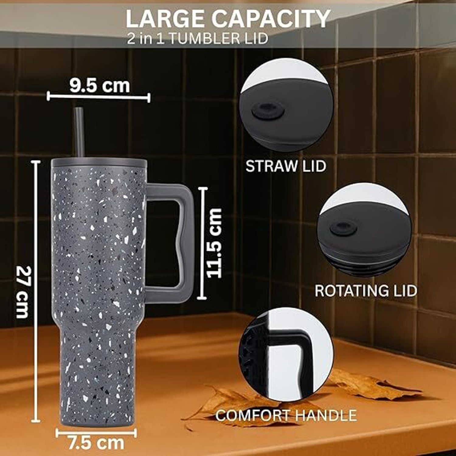 Image of BATBIRD Stainless Steel Tumbler with Lid & Straw - Double‑Wall Insulated Cup for Travel 1200 ml Stainless Steel Sipper