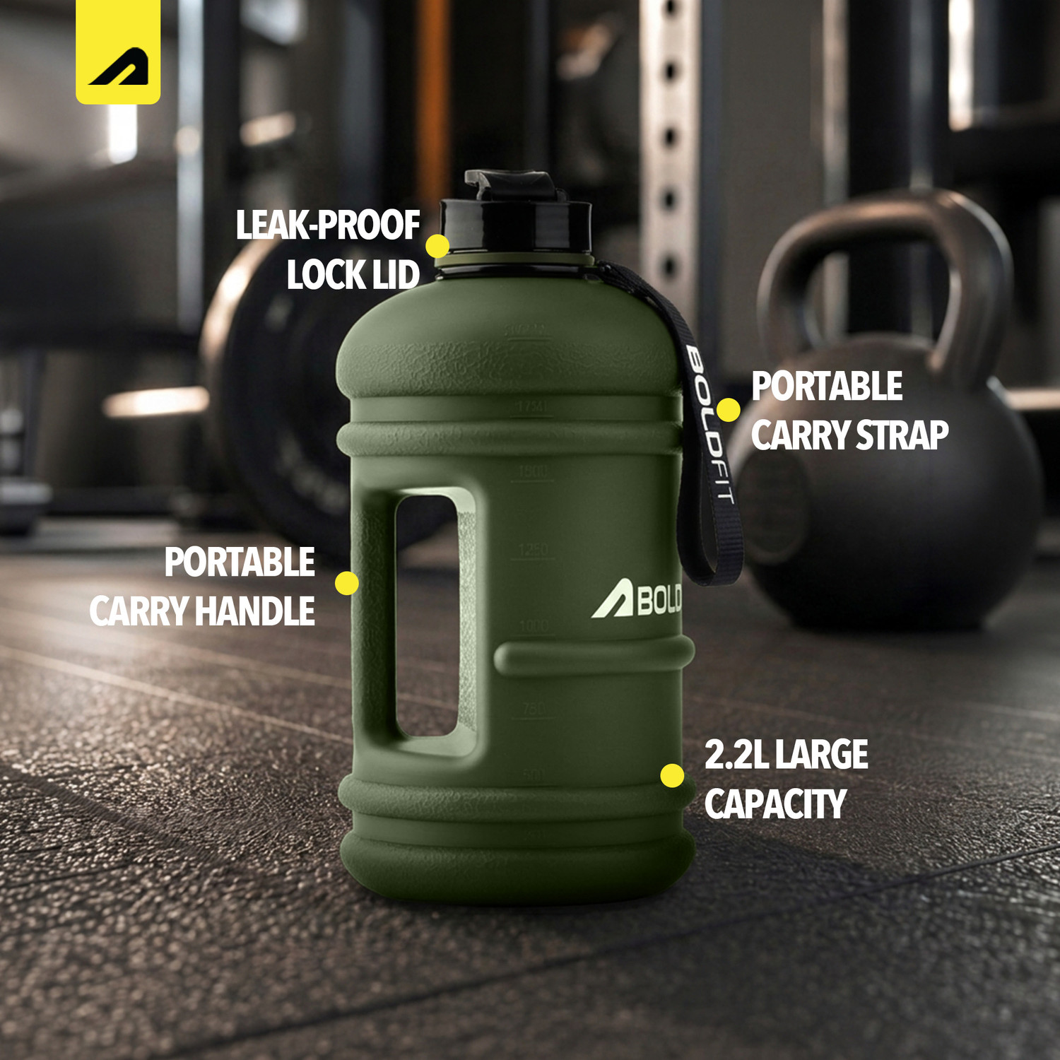 Image of BOLDFIT Gym Gallon Bottle 2.2 Ltr Protein Shaker Bottle /Water jug Bottle (Army Green) 2200 ml Plastic Bottle (Pack of 1, Green)
