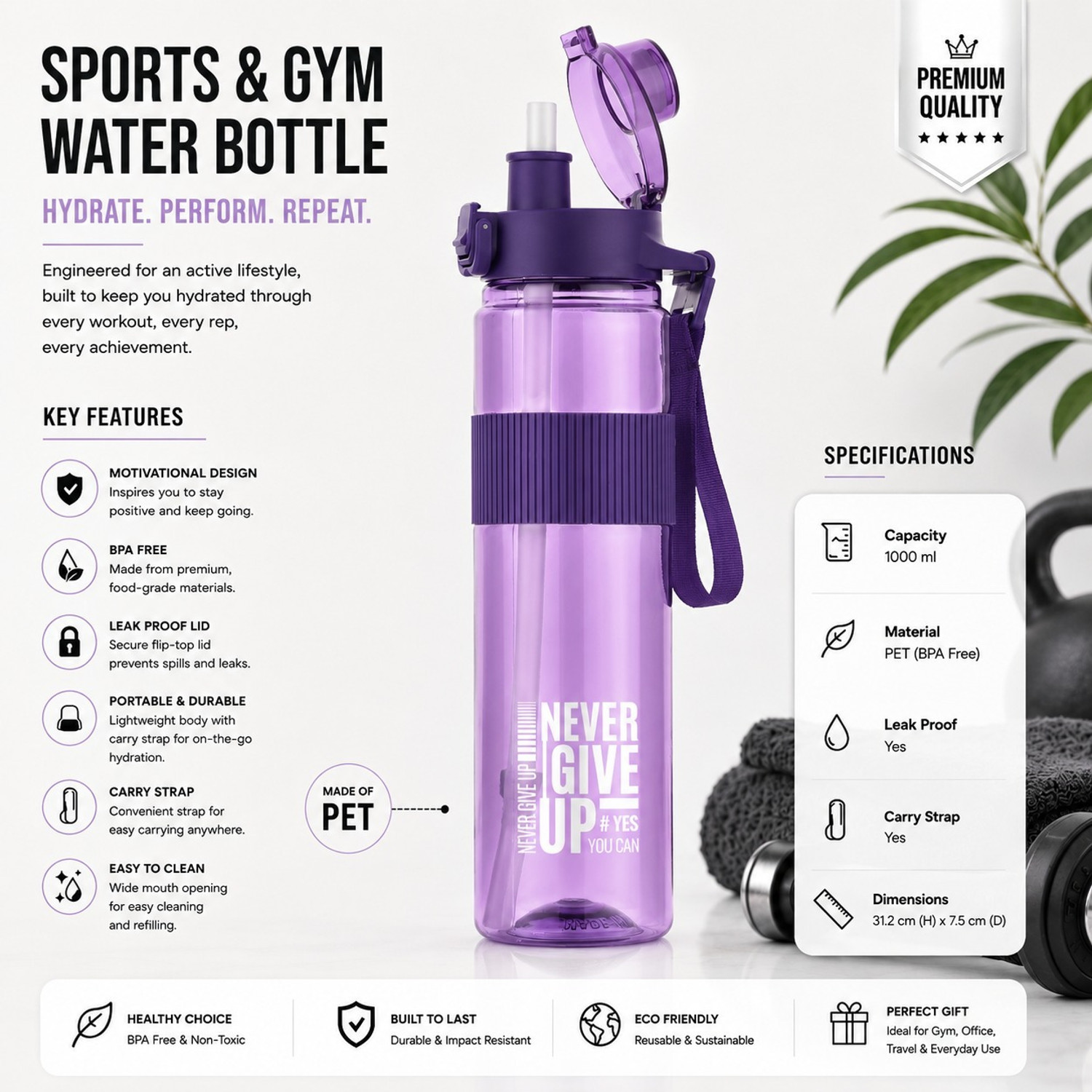Image of KABHI ENTERPRISES Motivational Bottle 999 ml Water Bottles