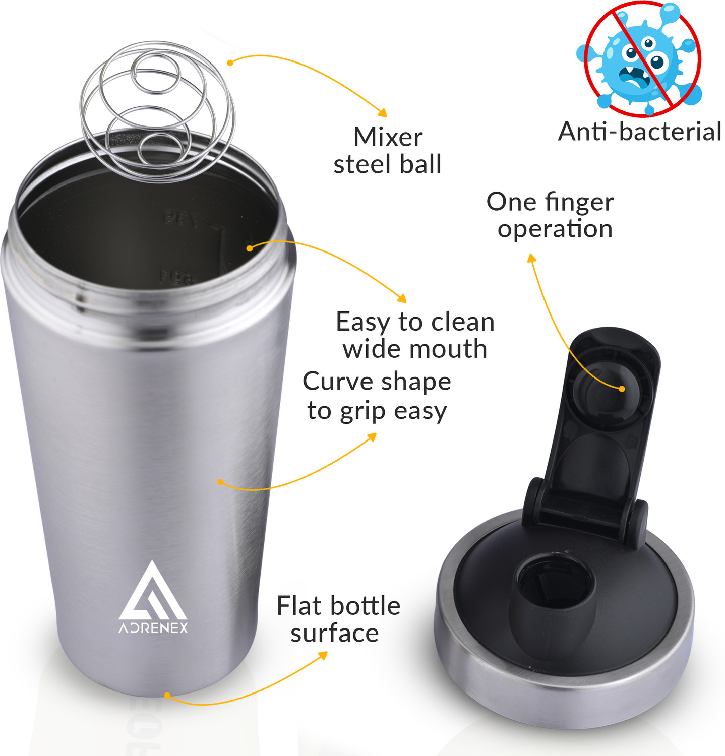 Image of Adrenex Stainless Steel Gym Shaker Bottle for Protein Shake, 700 ml, 100% Leakproof 700 ml Stainless Steel Shaker
