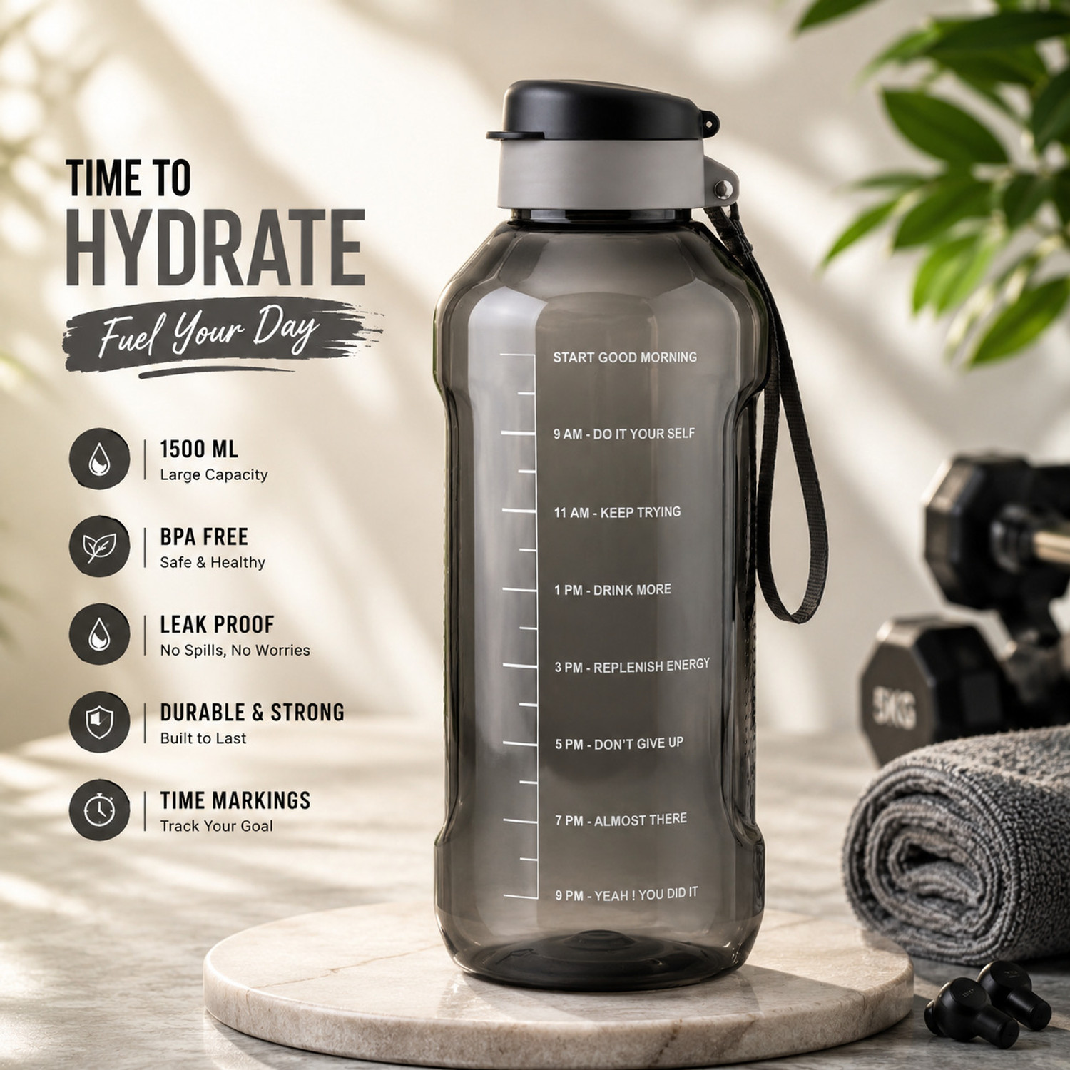 Image of DXDT Large capacity 1.5L motivational water bottle for travel /gym /bicycle /sports 1500 ml Plastic Bottle