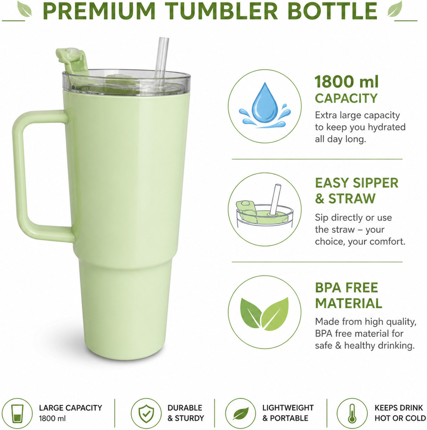 Image of AnvoraX Tumbler Bottle with Handle & Straw | Leakproof | Large Capacity 1800 ml Plastic Sipper
