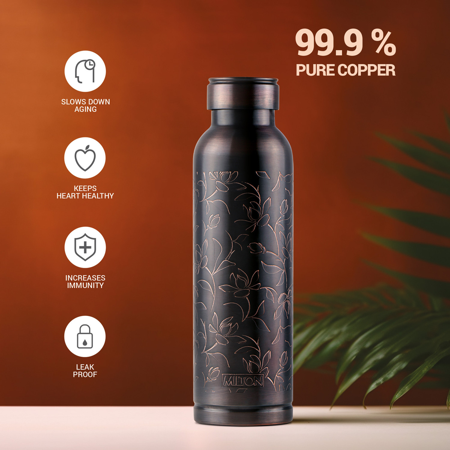 Image of MILTON Copper Swasth Water Bottle, 940 ml, Black 900 ml Copper Bottle