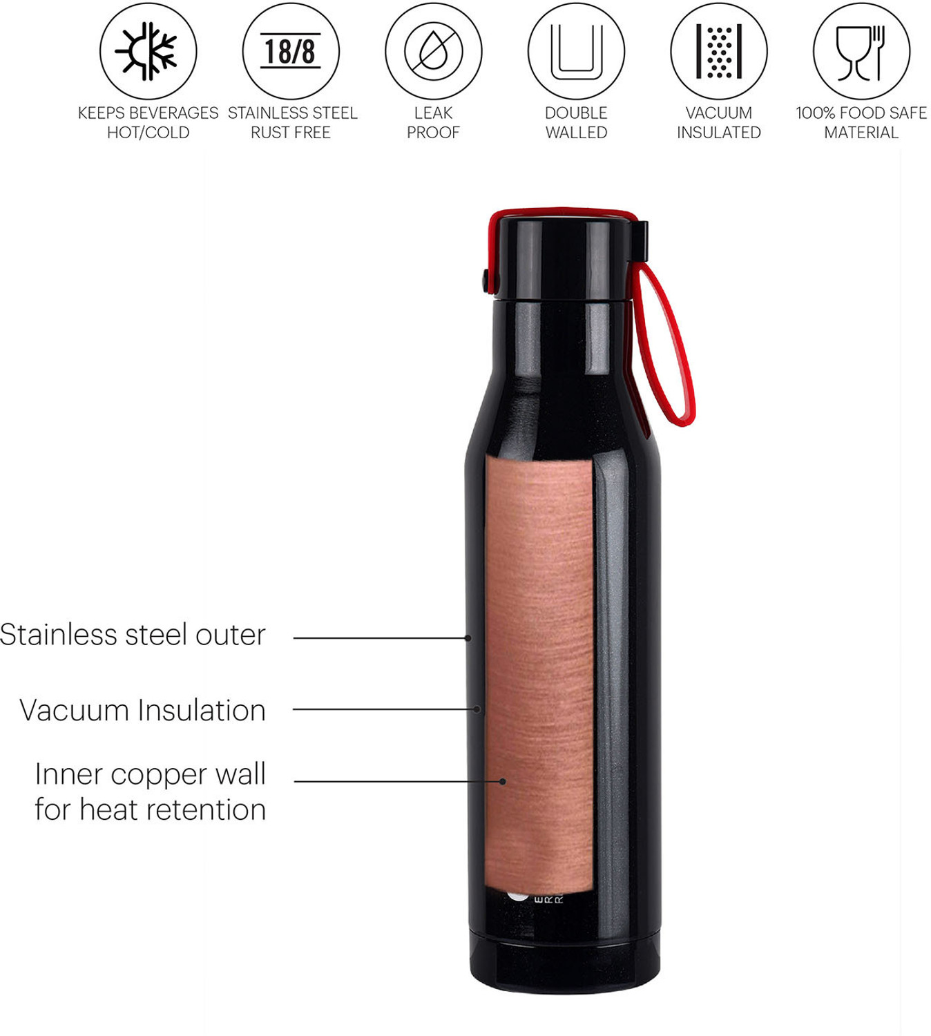 Image of cello Maestro Stainless Steel Flask, Double Walled, 1000 ml, Black 1000 ml Steel Flask