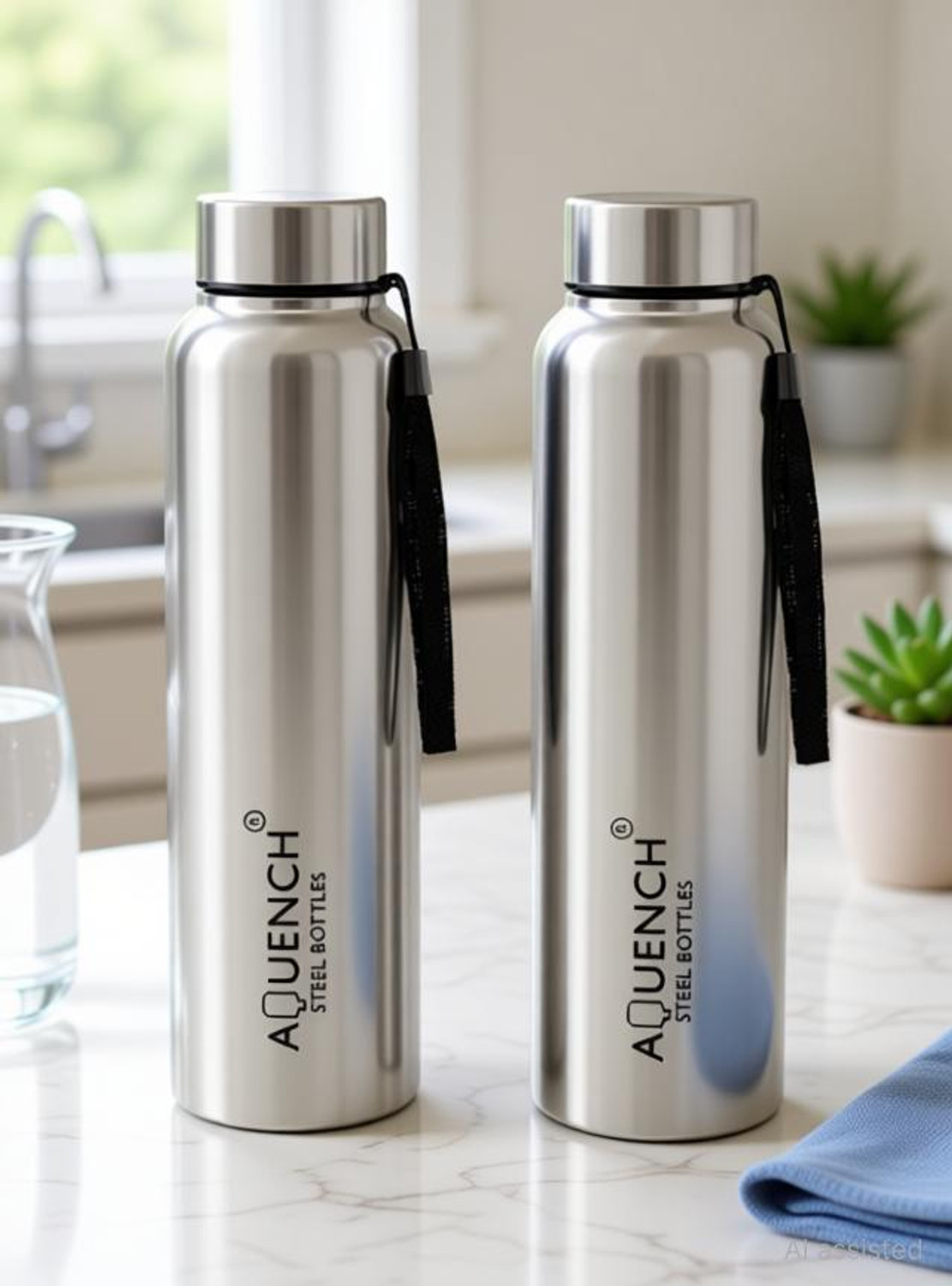 Image of AQUENCH Lean Stainless Steel 1L Water Bottle Combo for Fridge, Office, Gym & Home Use 1000 ml Stainless Steel Bottle