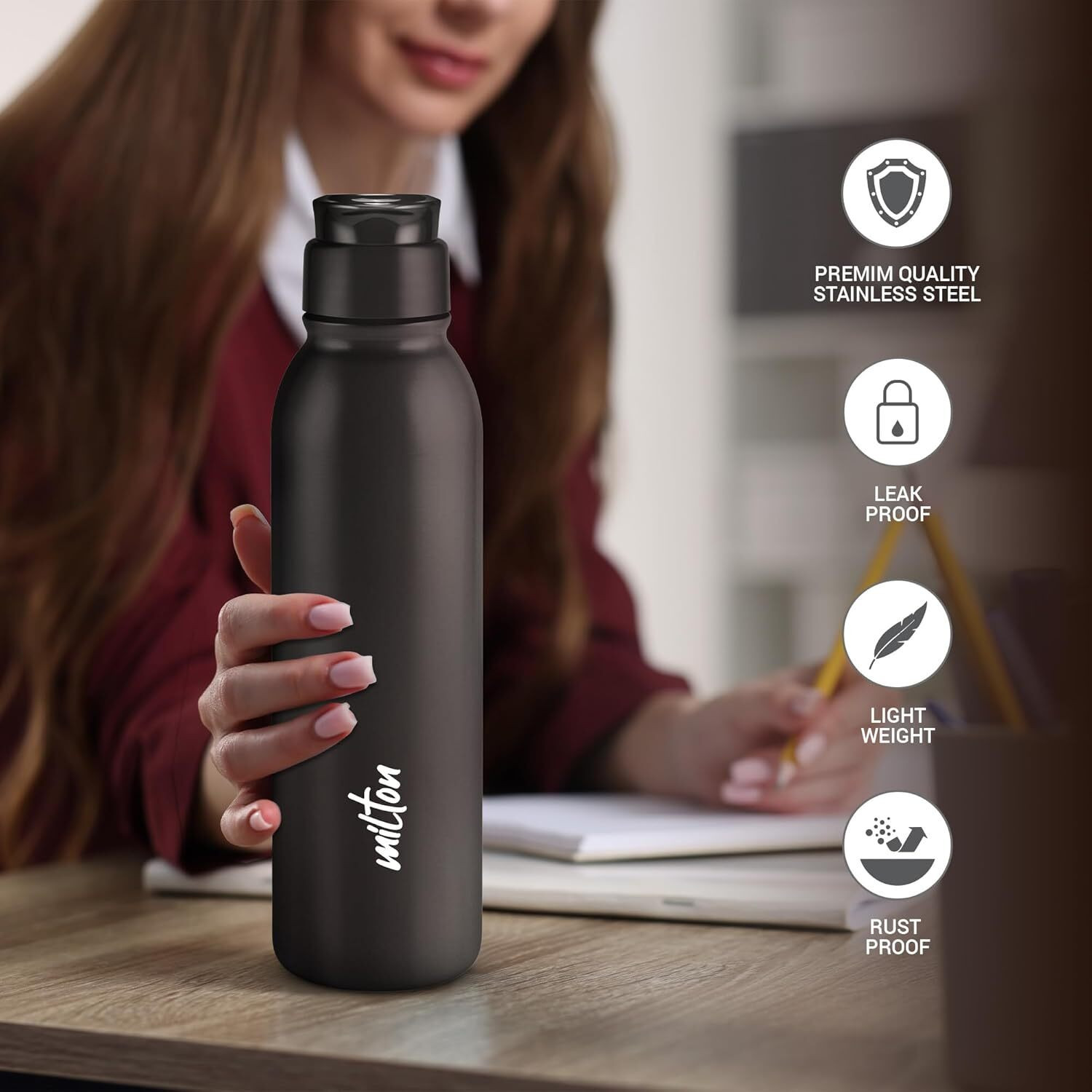 Image of MILTON Caper 1000 Stainless Steel Water Bottle, Sipper Bottle Black Water Bottles 870 ml Stainless Steel Bottle