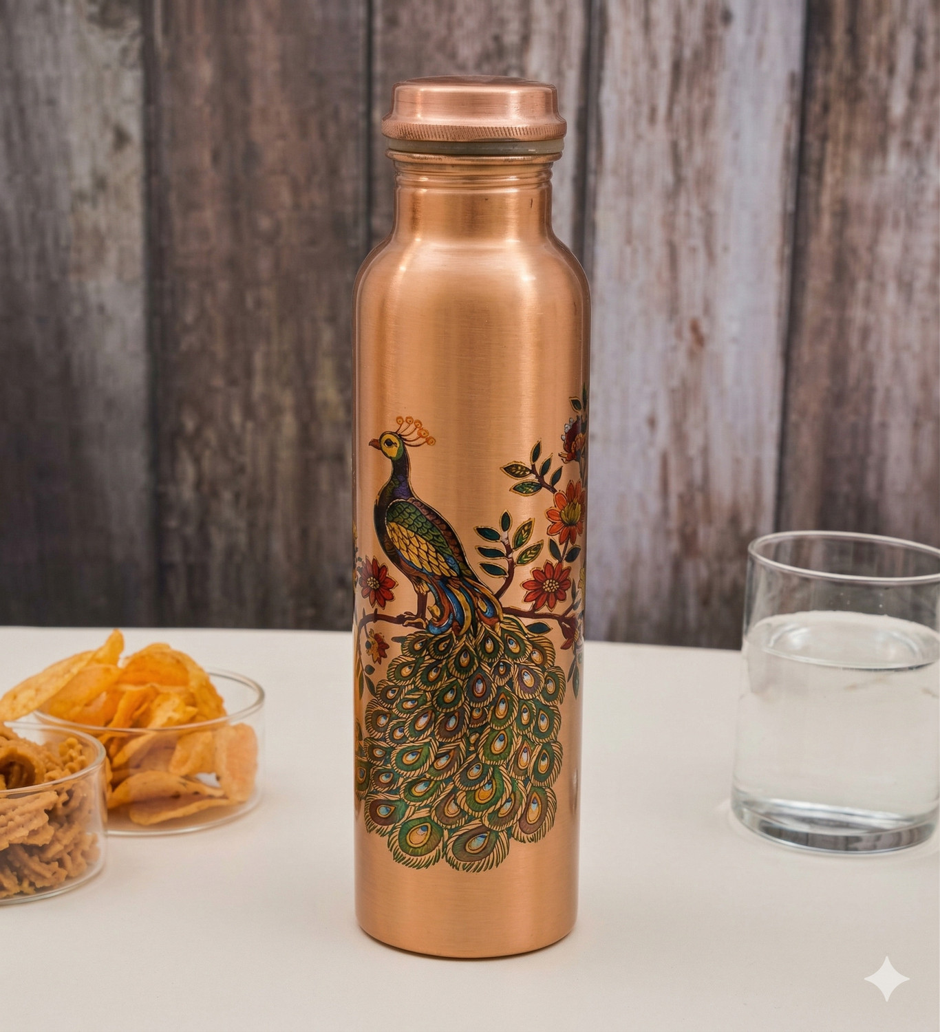 Image of CUPRO Copper Water Bottle with Peacock Art - Leak Proof, Jointless, 1 Litre (Printed) 1000 ml Copper Bottle