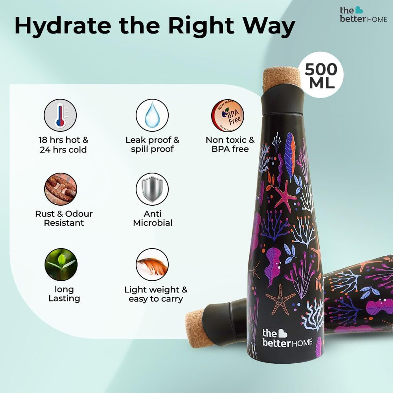 Image of The Better Home Insulated Water Bottle for Kids Office:18Hr Hot,Cork Cap,Double Wall Insulation 500 ml Steel Bottle