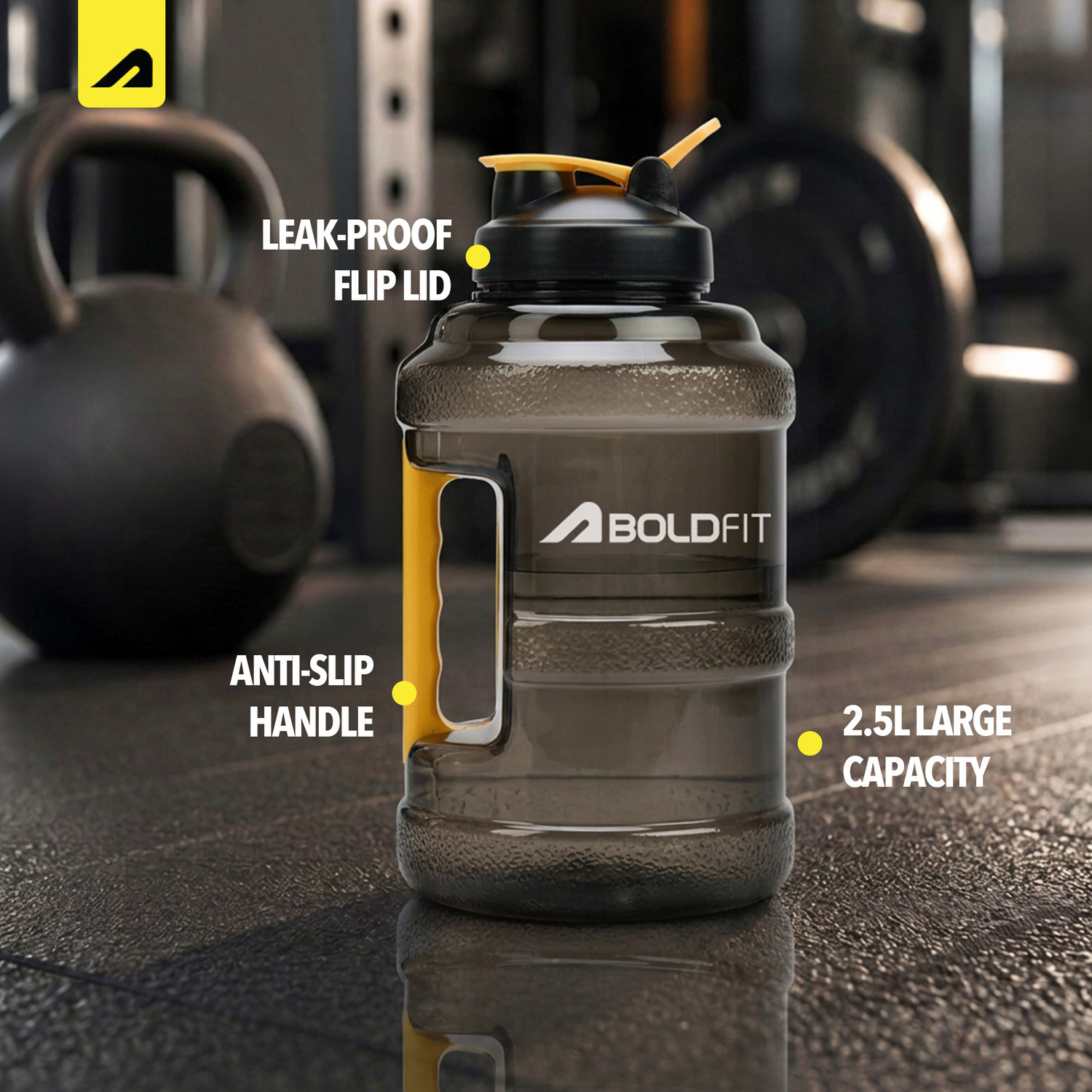 Image of BOLDFIT Gym Gallon Water Bottle (2.5 Litre, Extra Large) Leak Proof Fitness Sports Gallon 2500 ml Plastic Shaker (Pack of 1, Black)