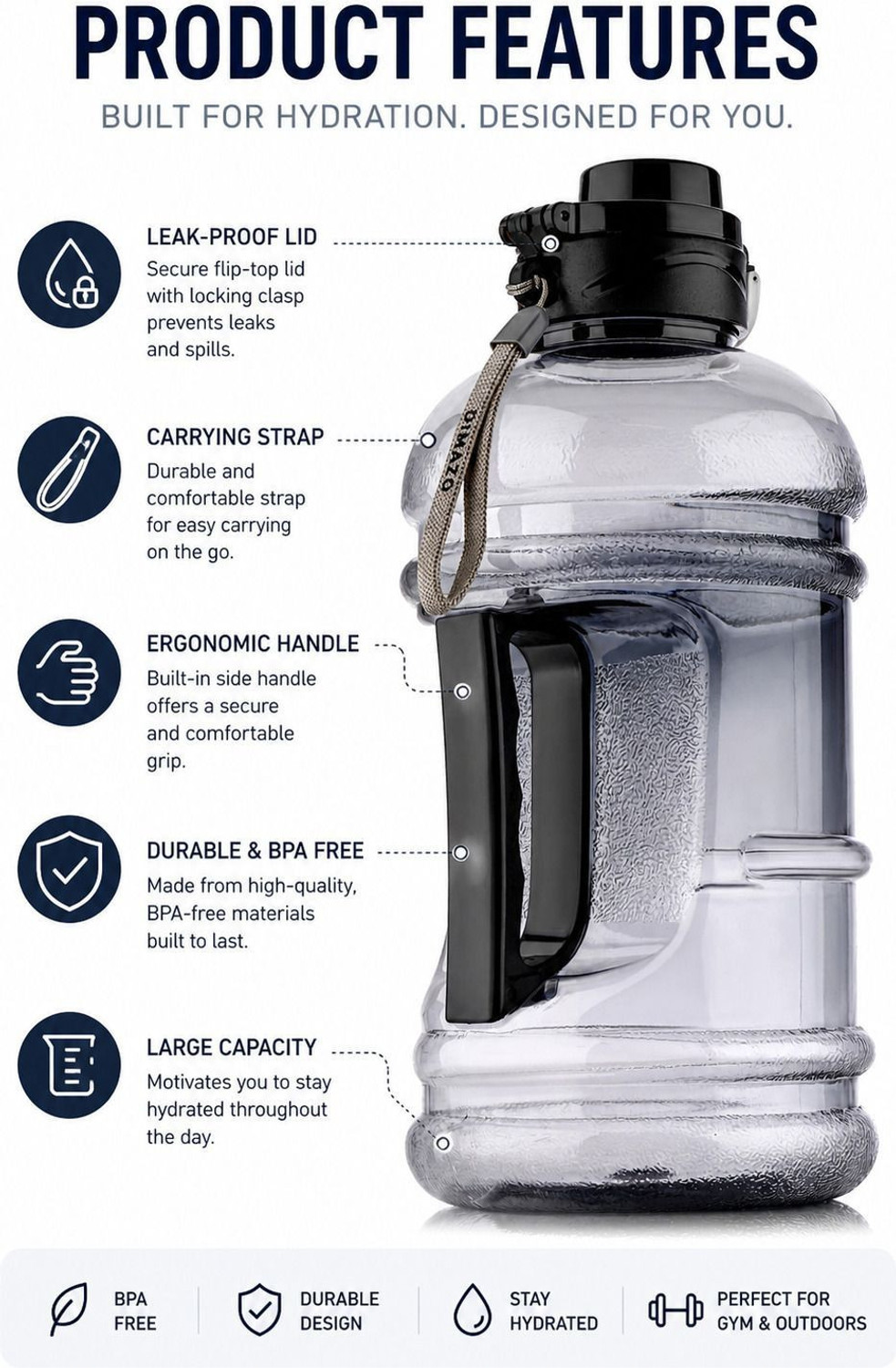 Image of DIMAZOFLY Gym Gallon Bottle for Men 2.2 Litre 2200 ml Plastic Bottle