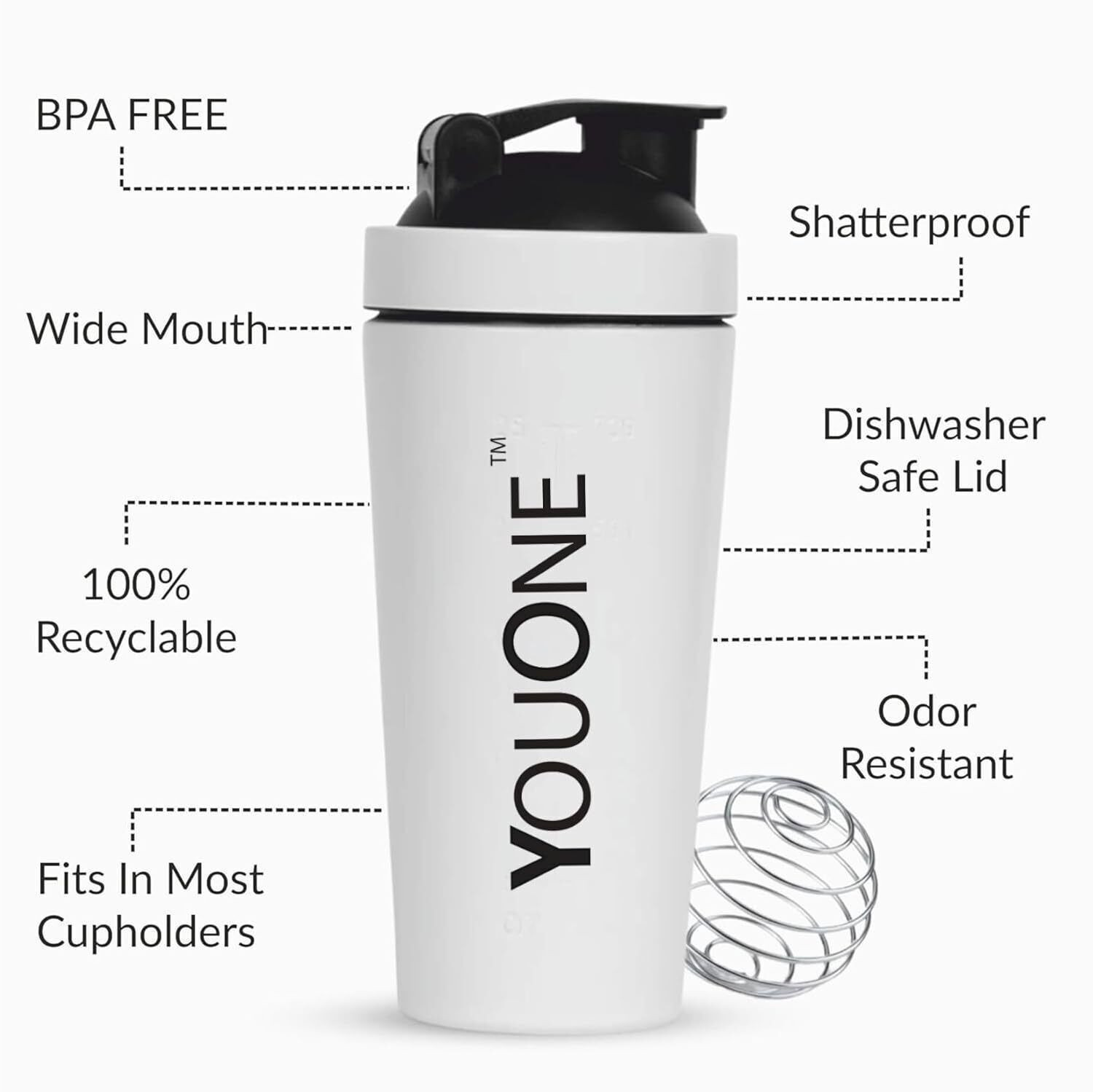 Image of Youone Stainless Steel Protein Shaker Bottle for Pre-Post Workout | Water Bottle | 750 ml Steel Shaker (Pack of 1, White)