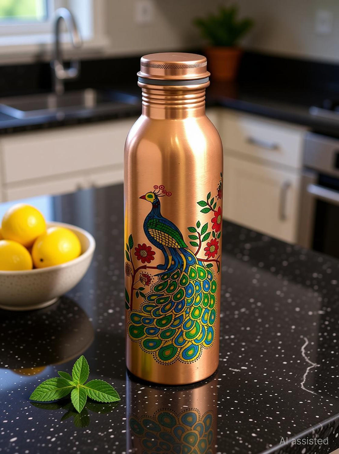 Image of SAUBHAGYA 100% Copper Water Bottle Leak Proof Peacock Design for Dining (1 LTR ) 1000 ml Copper Bottle