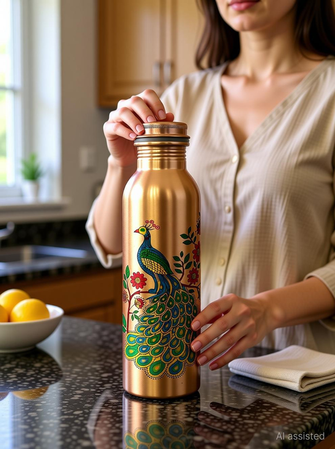 Image of SAUBHAGYA 100% Copper Water Bottle Leak Proof Peacock Design for Dining (1 LTR ) 1000 ml Copper Bottle