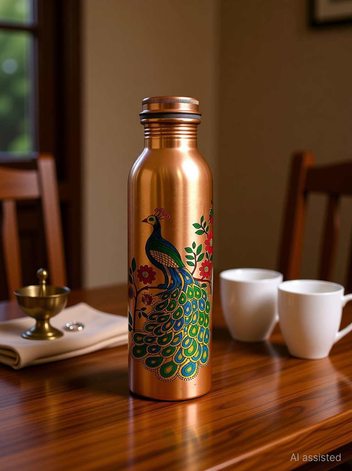 Image of SAUBHAGYA 100% Copper Water Bottle Leak Proof Peacock Design for Dining (1 LTR ) 1000 ml Copper Bottle