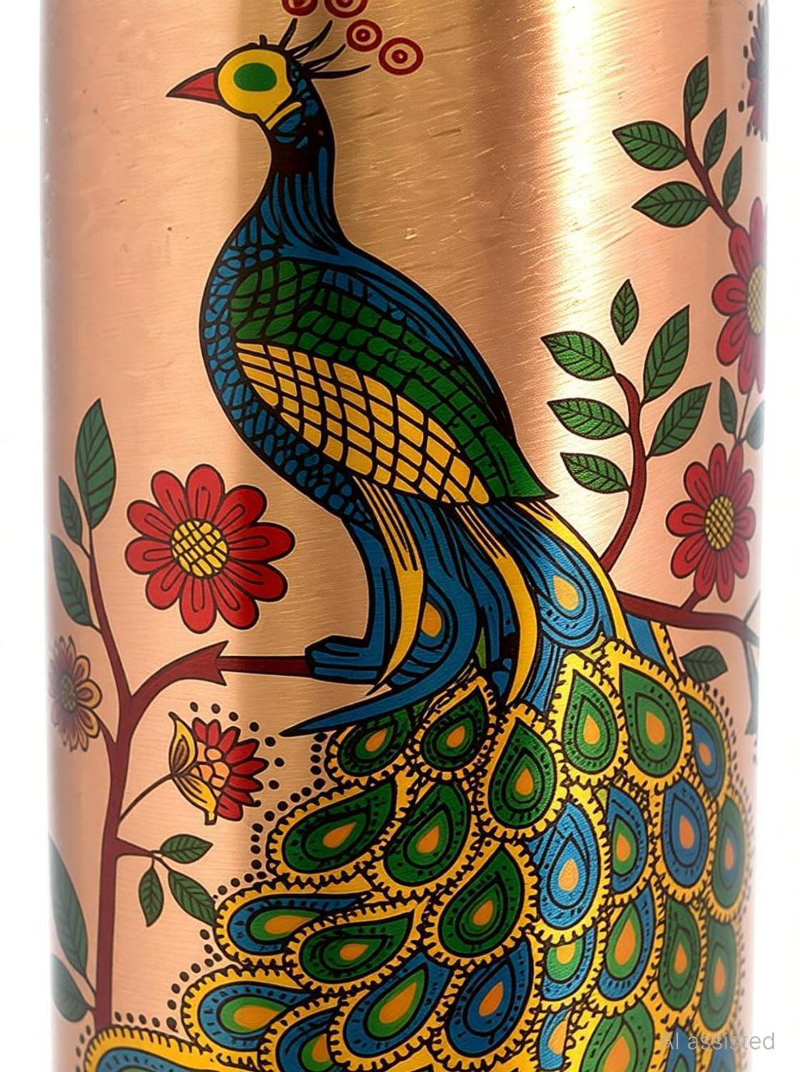 Image of SAUBHAGYA 100% Copper Water Bottle Leak Proof Peacock Design for Dining (1 LTR ) 1000 ml Copper Bottle