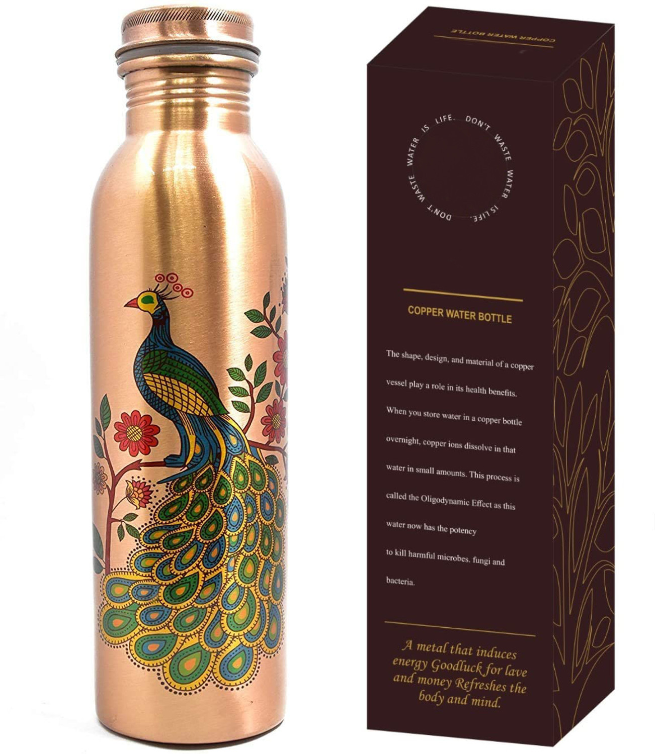 Image of SAUBHAGYA 100% Copper Water Bottle Leak Proof Peacock Design for Dining (1 LTR ) 1000 ml Copper Bottle