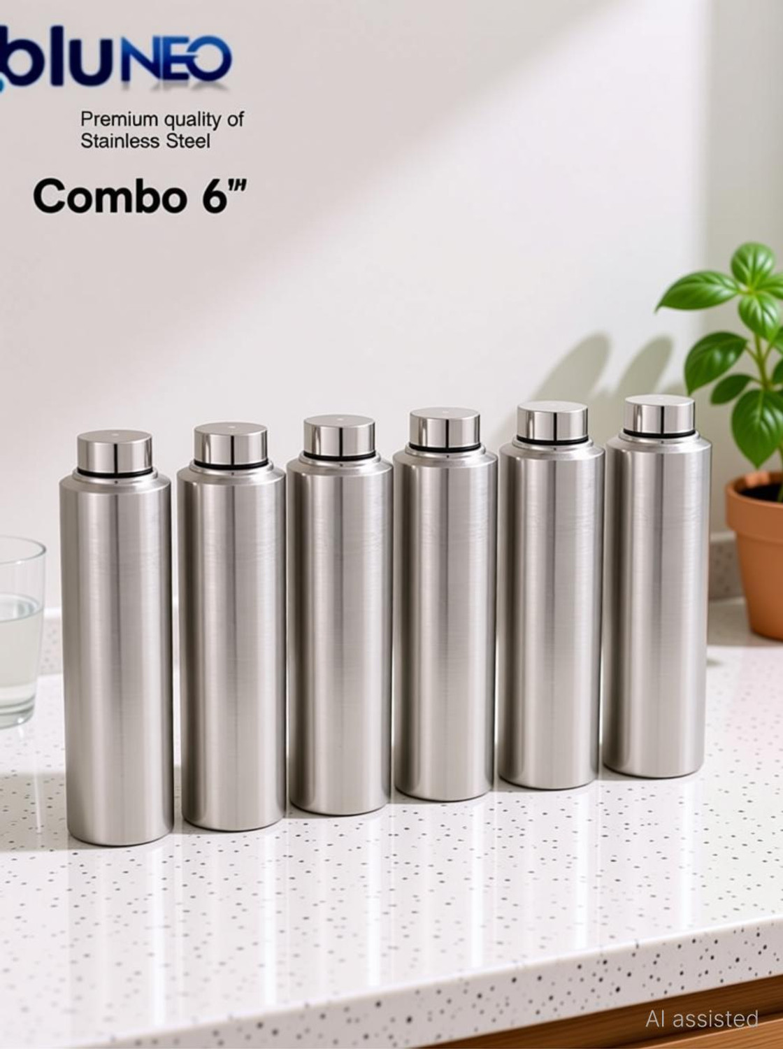 Image of BluNeo Stainless Steel Combo 6 Water Bottle for college /Fridge /Sports /Gym /Office- 1000 ml Steel Bottle