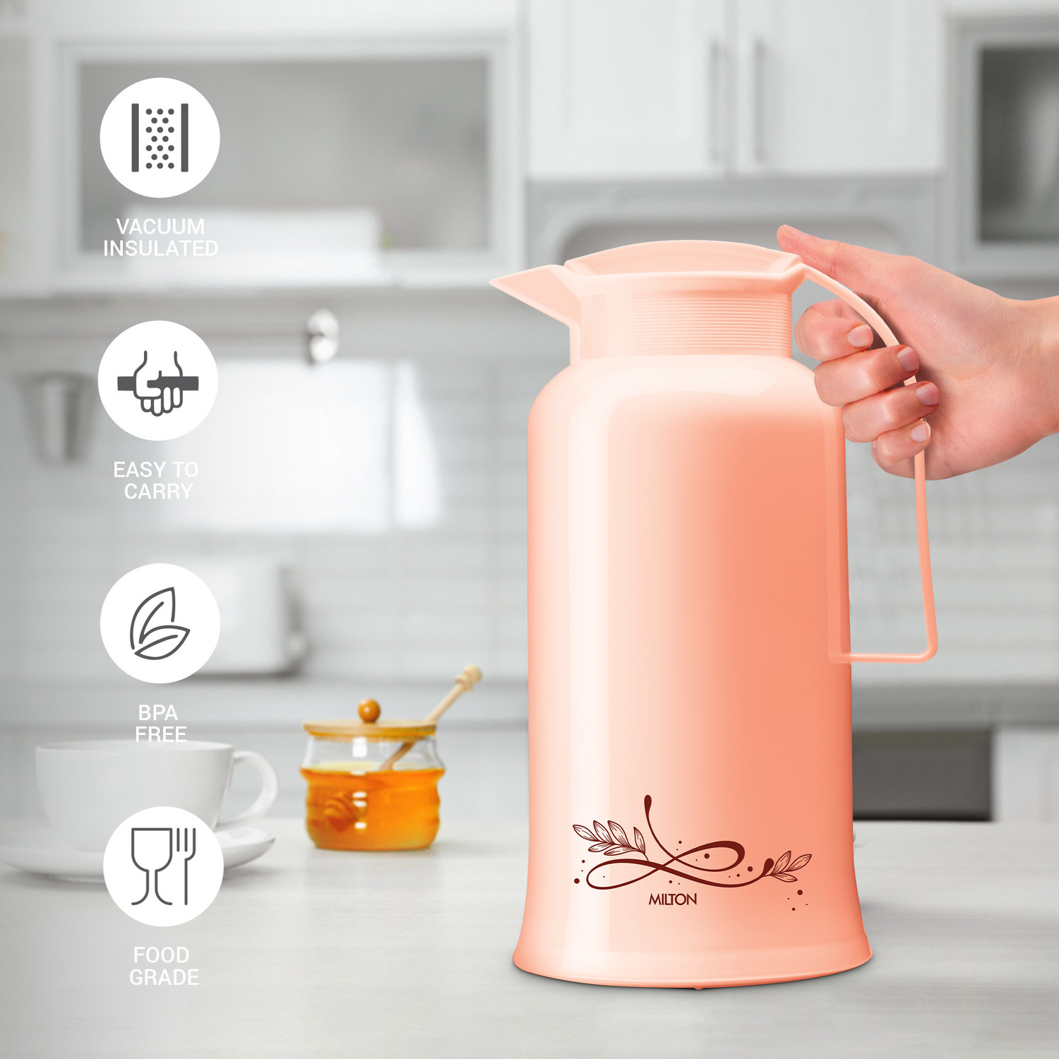 Image of MILTON Crystal 1000 Vacuum Insulated Inner Glass Hot or Cold Flask, 1000 ml, Peach 1000 ml Plastic Flask