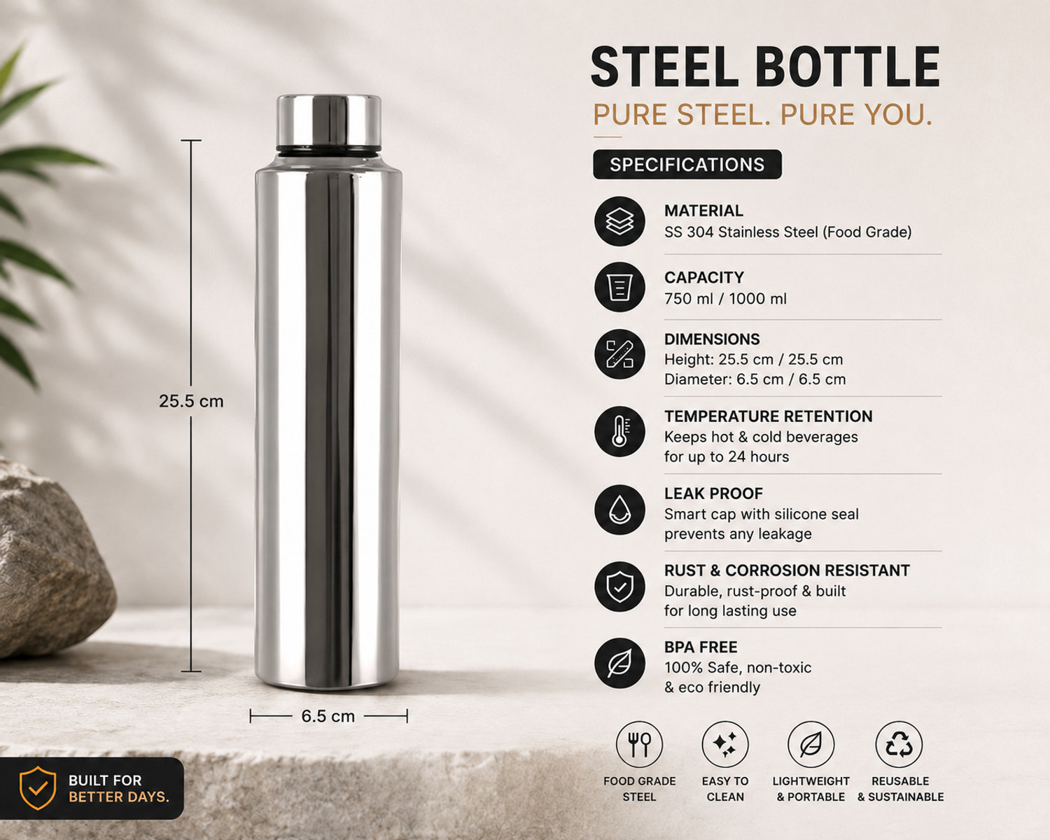 Image of Steelvo Water Bottle 1000 ml Stainless Steel Bottle (Pack of 2, Silver)
