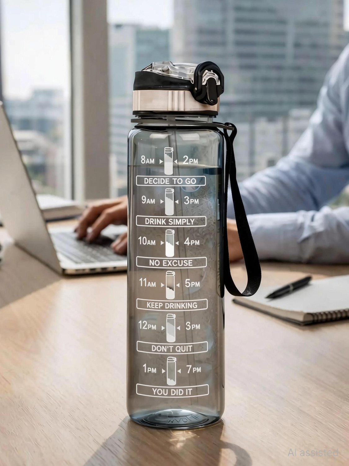 Image of wintrezza Premium Quality Motivational Bottle with Times to Drink and Straw, With Strap 1000 ml Plastic, Steel Bottle