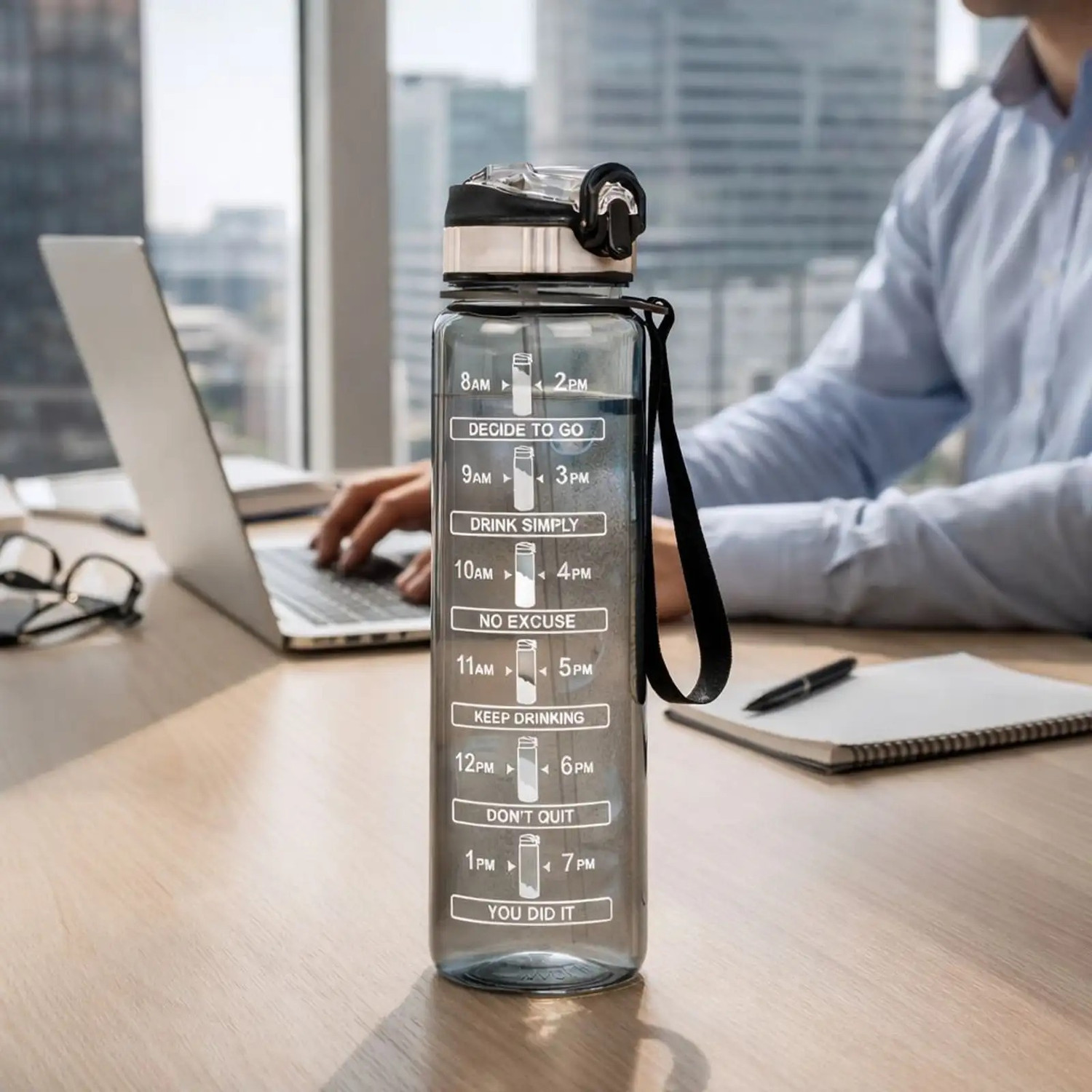 Image of wintrezza Premium Quality Motivational Bottle with Times to Drink and Straw, With Strap 1000 ml Plastic, Steel Bottle