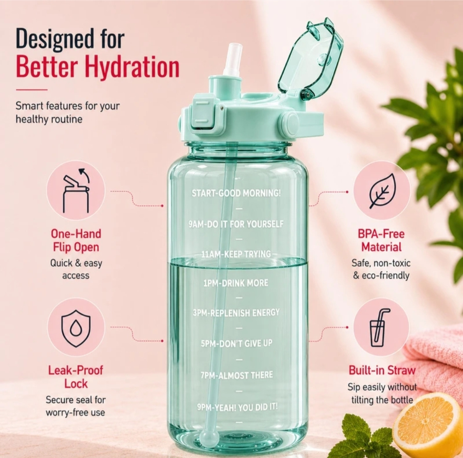 Image of Batliwala Water Bottle of 2000ml, BPA free and Leakproof Sipper 2000 ml Plastic Sipper (Pack of 1, Green)