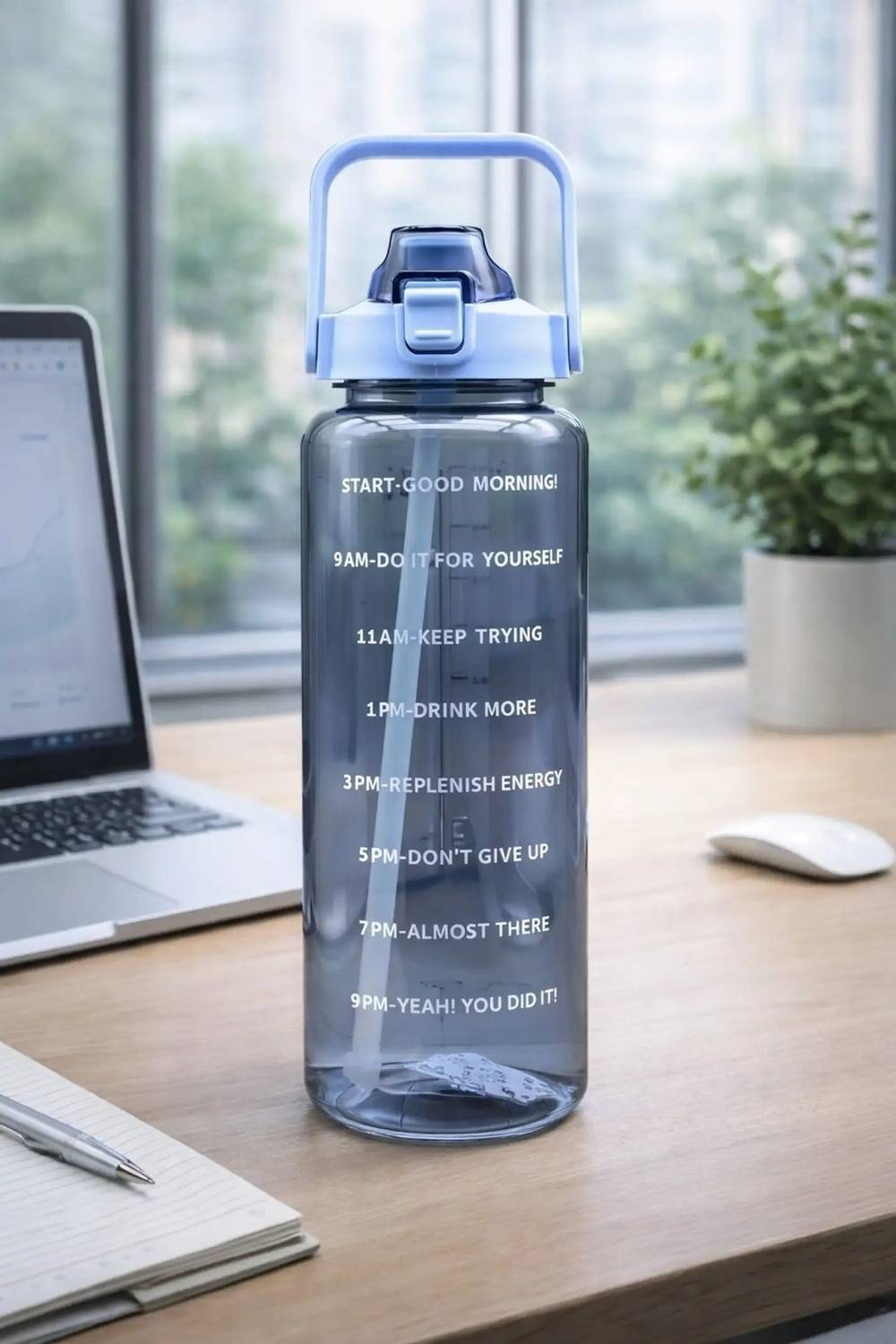 Aurav Blue Transparent Time Marker Water Bottle 2L with Straw & Handle 2000 ml Plastic Bottle