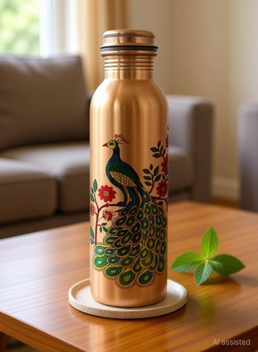 BRIJAZA Copper Water Bottle Peacock Printed 1000 ml Copper Bottle
