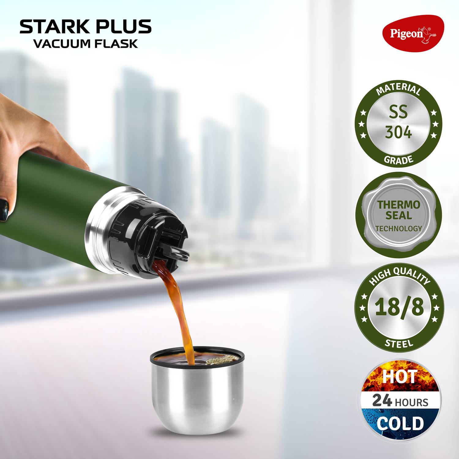 Pigeon Stark Plus 1000 ml Olive Steel Flask - Image 2