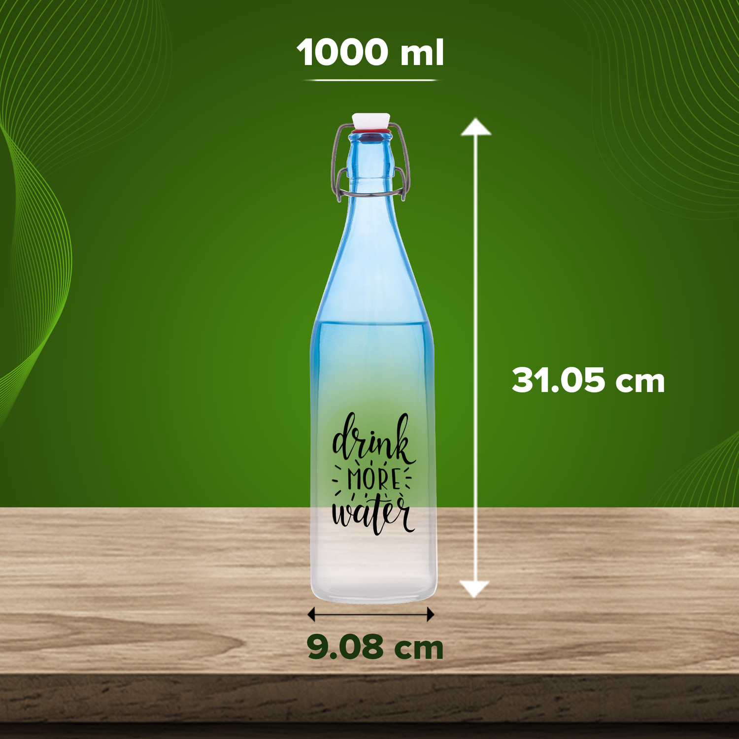 Image of Sand Dune Drink More Glass clip top cap with flip top cap,Leak-Proof,Reusable decorative 1000 ml Glass Bottle
