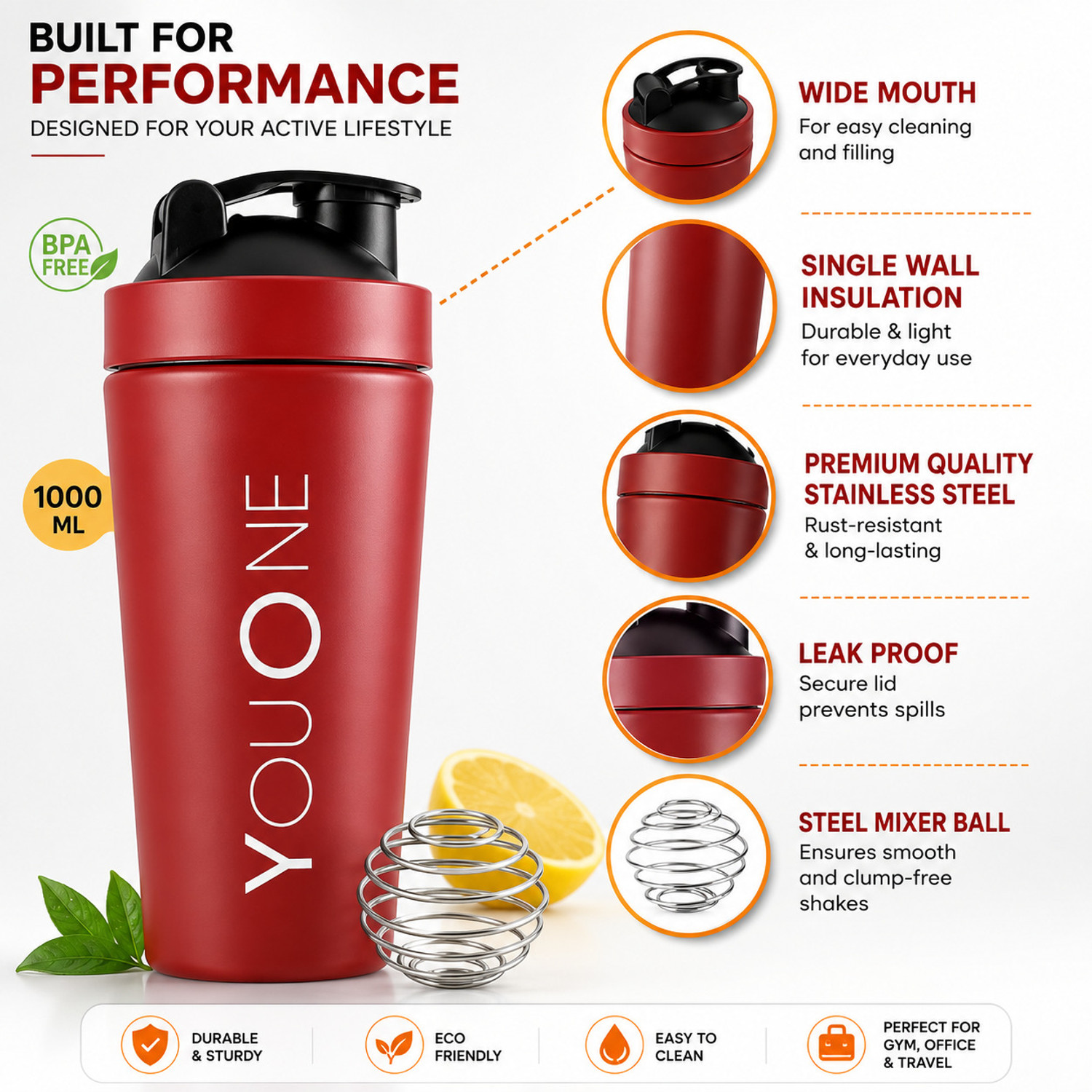 Image of Youone Steel Shaker Bottles For Gym Leakproof Guarantee, Ideal For Protein, Pre Workout 750 ml Steel Shaker (Pack of 1, Red)