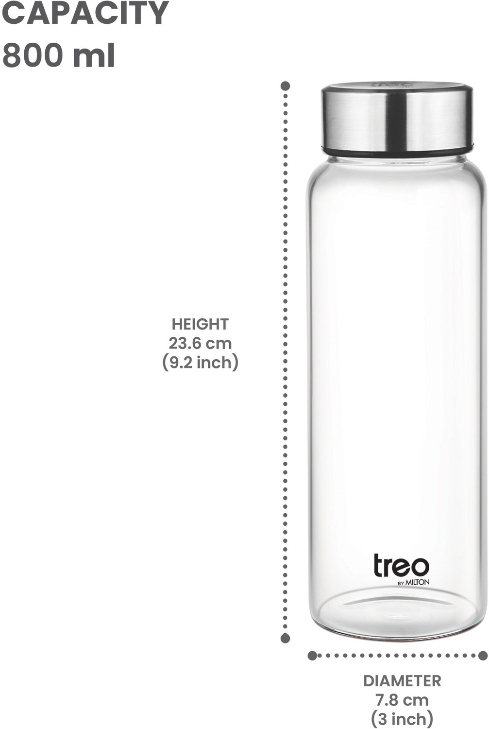 Image of TREO Clearvue Borosilicate Glass Water Bottle 800ml, Clear, Fridge Bottle, Wide Mouth 800 ml Glass Bottle