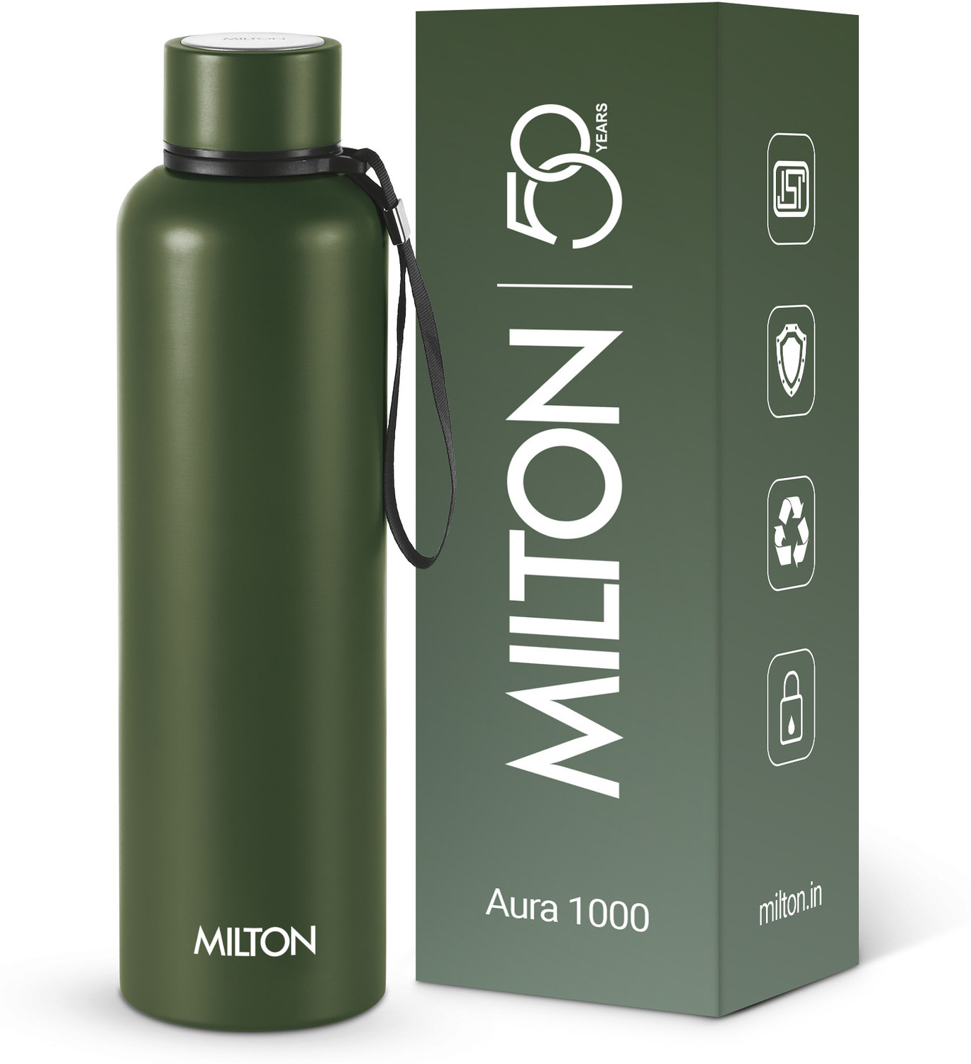 Image of MILTON Aura 1000 Thermosteel Water Bottle, Leak Proof Lid, ISI Certified Green 1000 ml Stainless Steel Flask