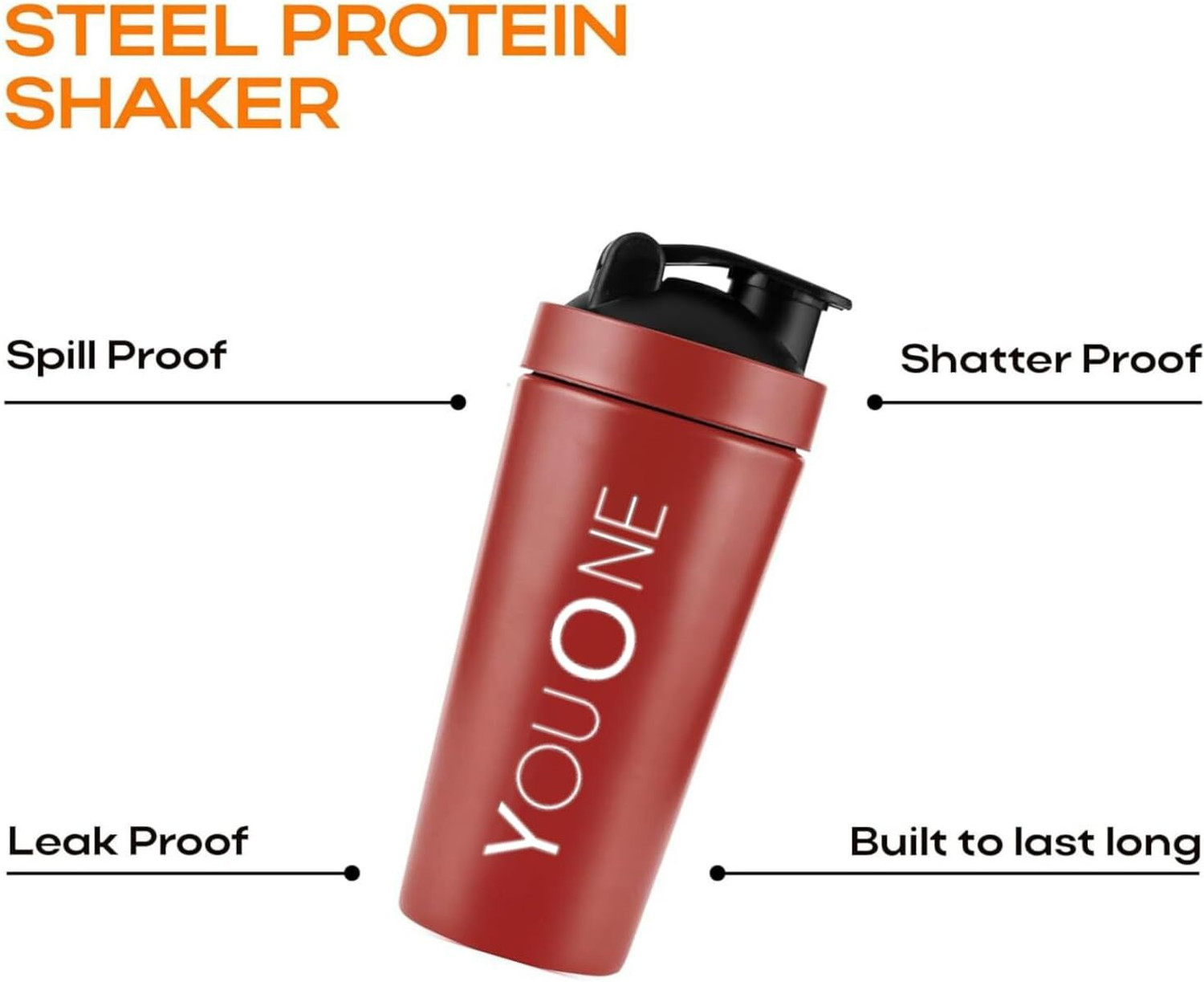Image of Youone Steel Protein Shaker Bottle for Gym 750ml Leak Proof Gym Shaker with Mixer Ball 750 ml Steel Shaker (Pack of 1, Red)