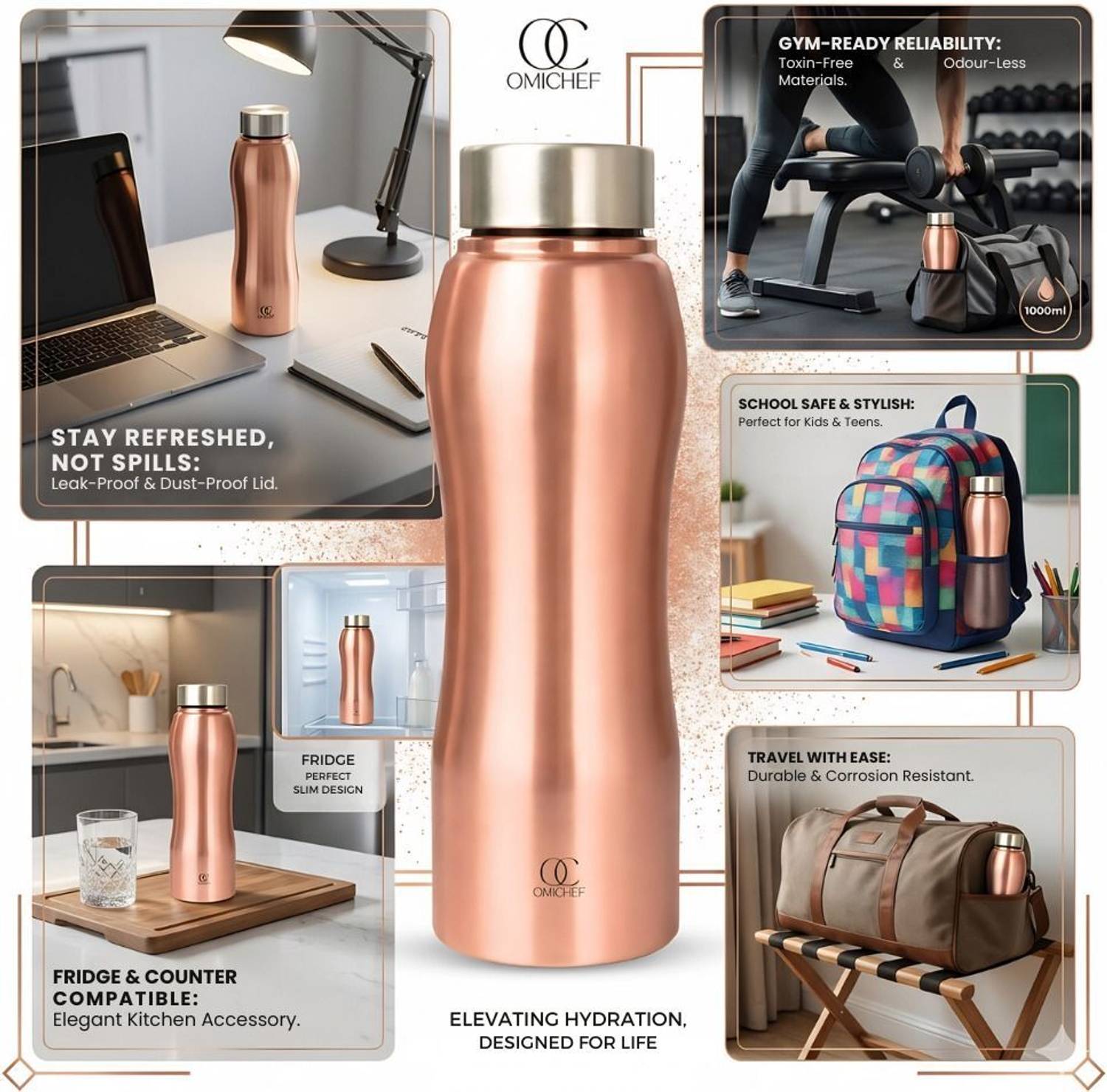 Omichef Stainless Steel Fridge Bottle Set of 6, 1000 ml Pack of 6 - Image 5