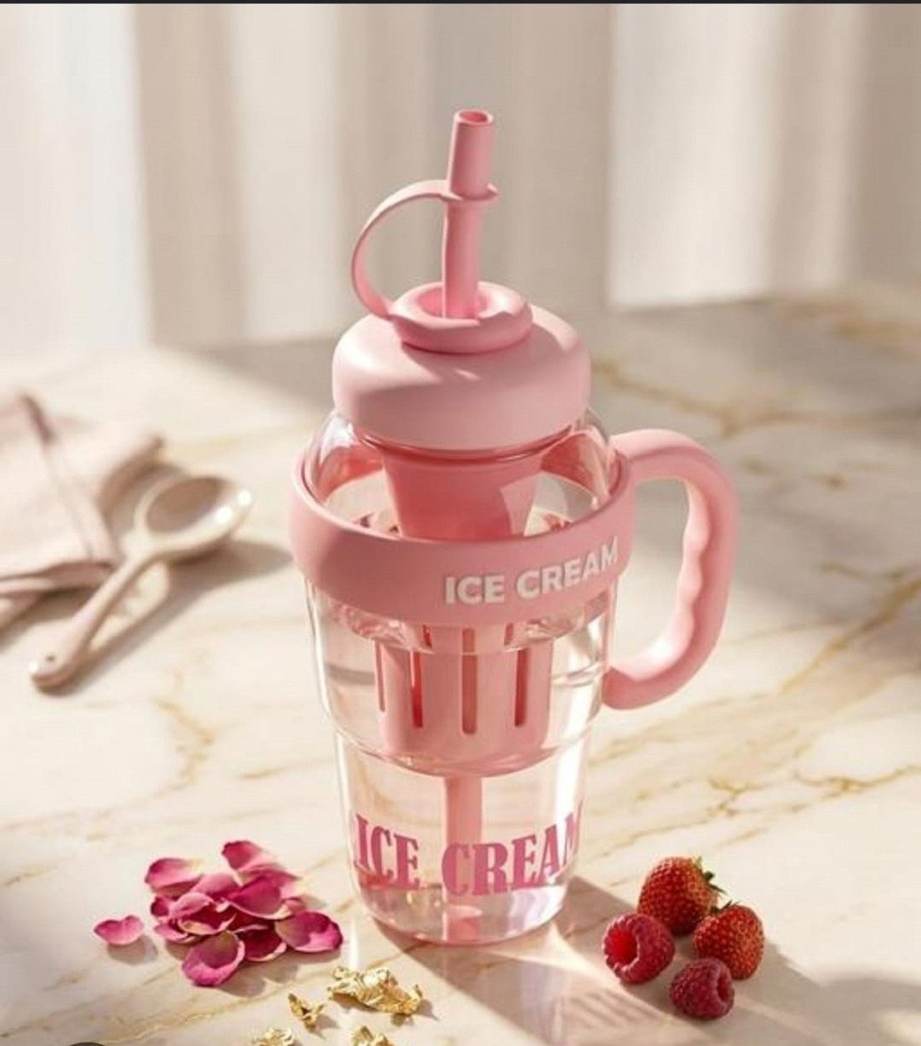 Image of Vmk Ice Cream Water Bottle with Stirrer & Straw, 1200 ml Plastic Bottle (Pack of 1, Pink)