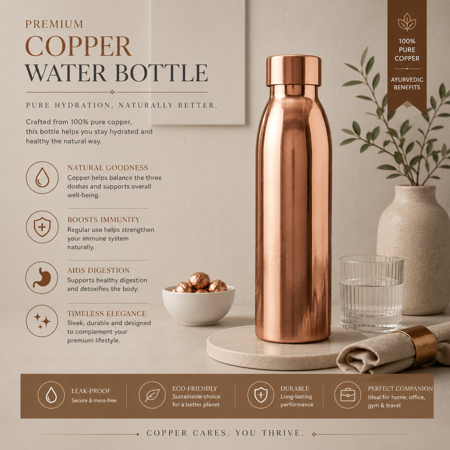 Image of THAMMAR Peacock Copper Vessel 1000 ml Copper Bottle