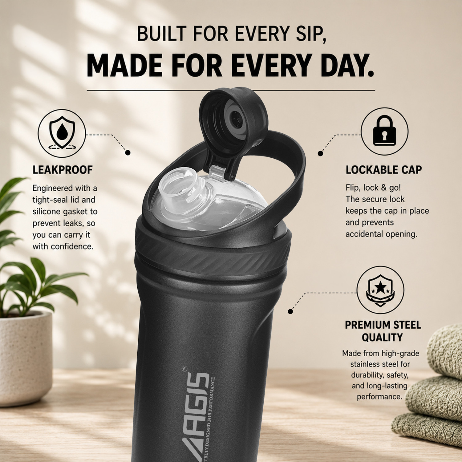 Image of AGIS Blender King Shaker Bottle for Protein Shakes | Leakproof | Bpa-Free 700 ml Stainless Steel Shaker (Pack of 1, Black)