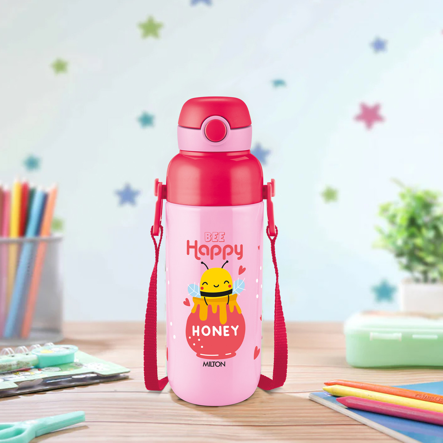 Image of MILTON Steel Indus 600 Thermoware PU Insulated, 500 ml Water Bottle with Straw, Pink 500 ml Stainless Steel Bottle