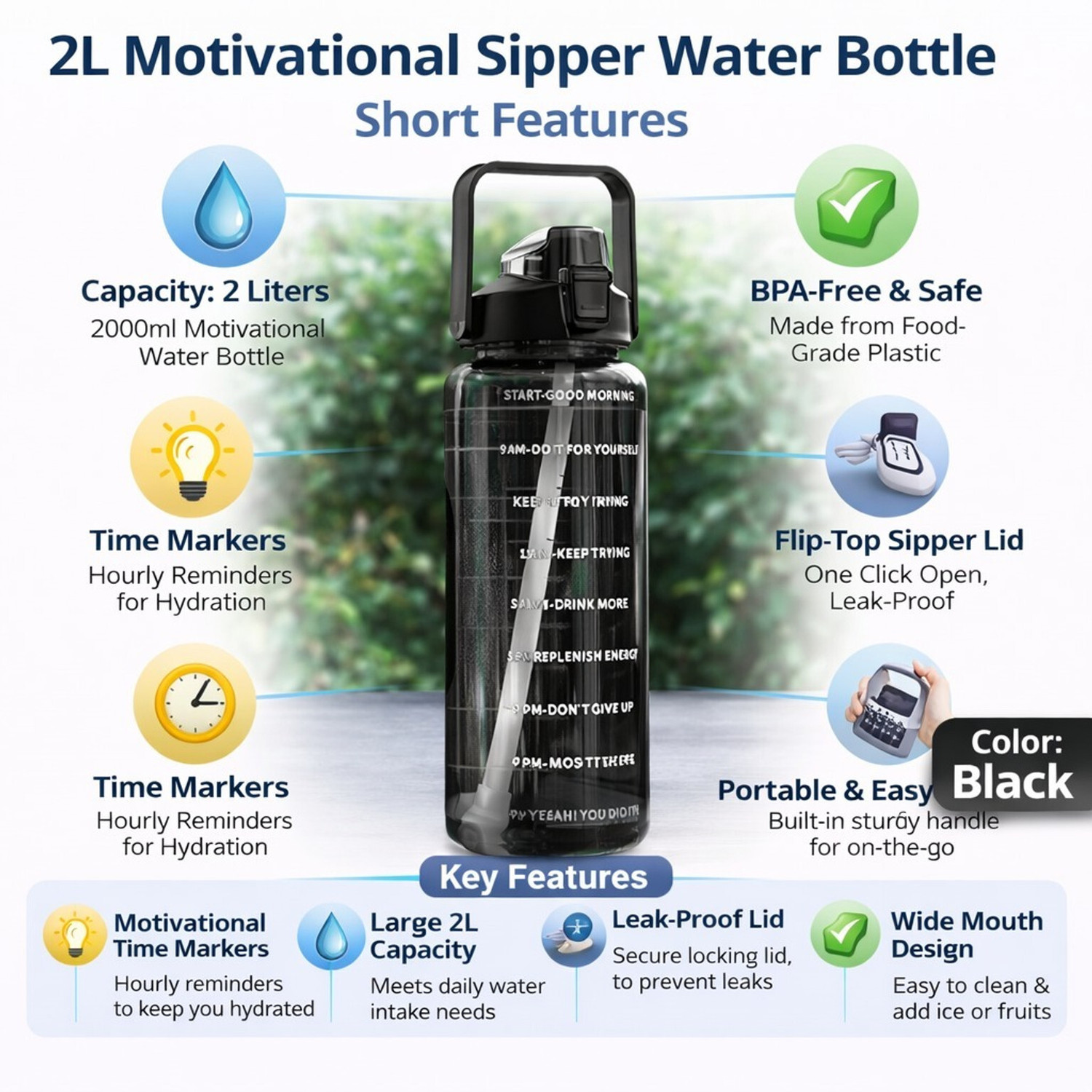 Image of EVERSTPLAST MOTIVATIONAL WATER BOTTLE - 2 LITER ( ANY COLOUR ) 2000 ml Plastic Bottle
