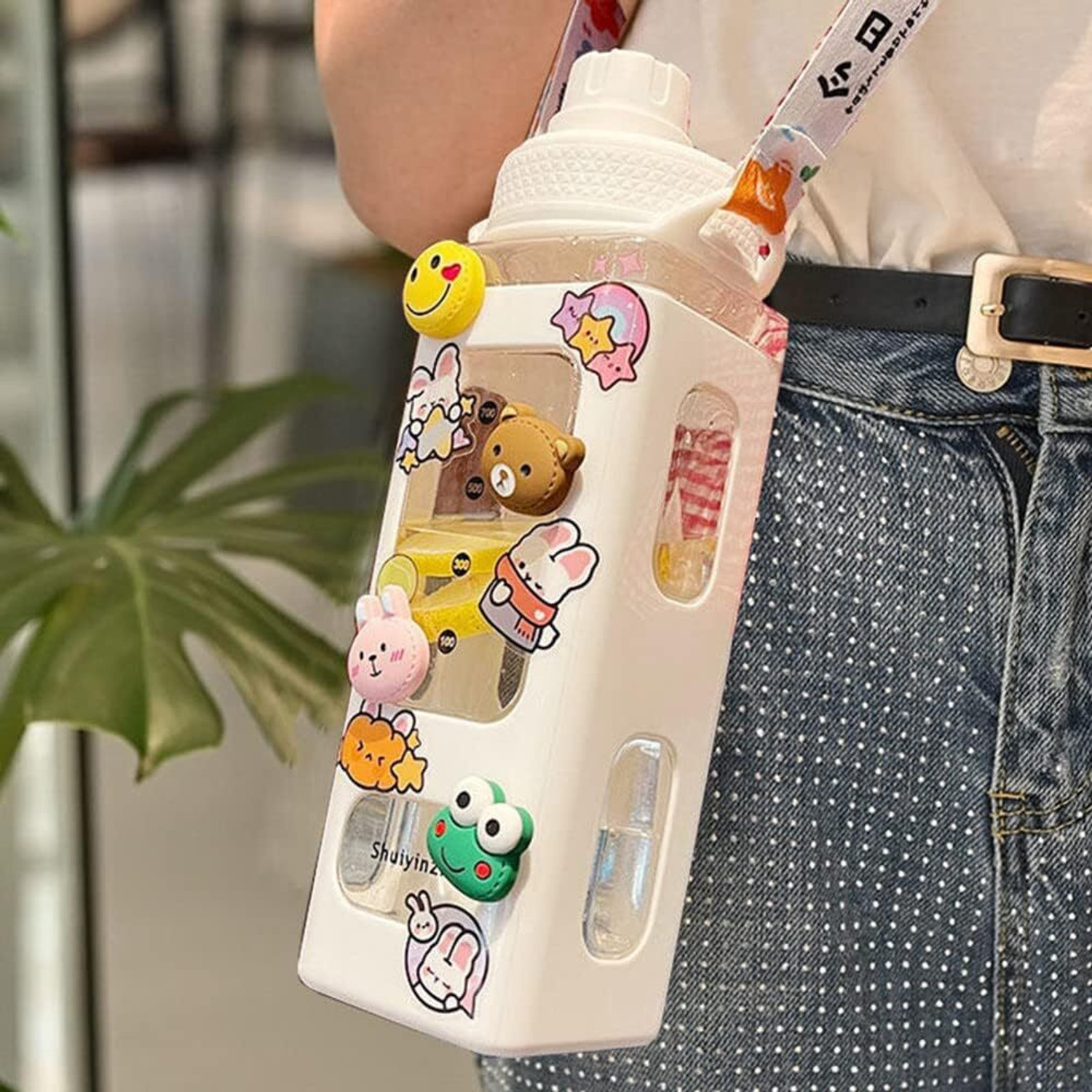 Image of DHANVI ENTERPRISE Cute 700ml Kawaii Water Bottle with Straw 3D Sticker and Stickers with belt 700 ml Plastic Sipper