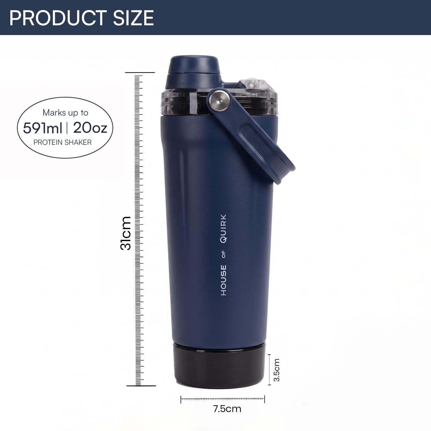 Image of HOUSE OF QUIRK APEX Shaker Bottle with Storage Compartment, Protein Shake Bottle 591 ml Steel, Plastic Shaker