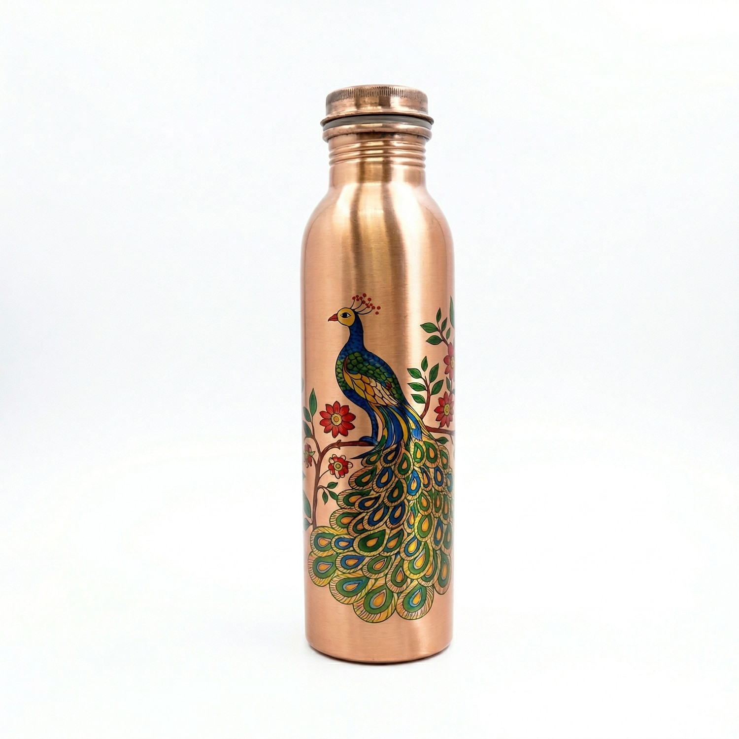 Image of CUPRO Copper Water Bottle with Peacock Art - Leak Proof, Jointless, 1 Litre (Printed) 1000 ml Copper Bottle