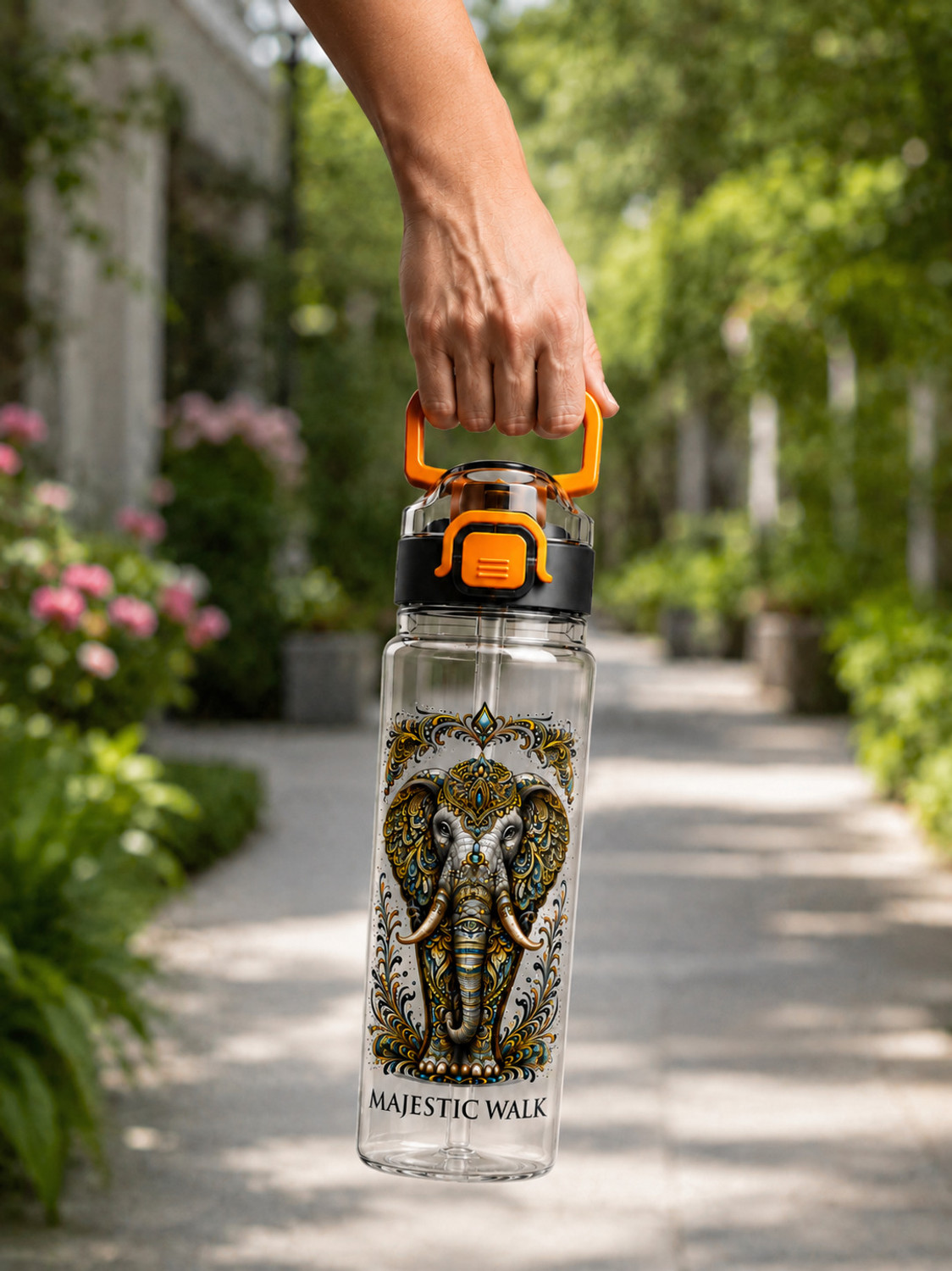 Image of DXDT Elephant Black Water Bottle with Flip Lock Lid for Gym, Travel, Outdoor Use 1000 ml Plastic Bottle