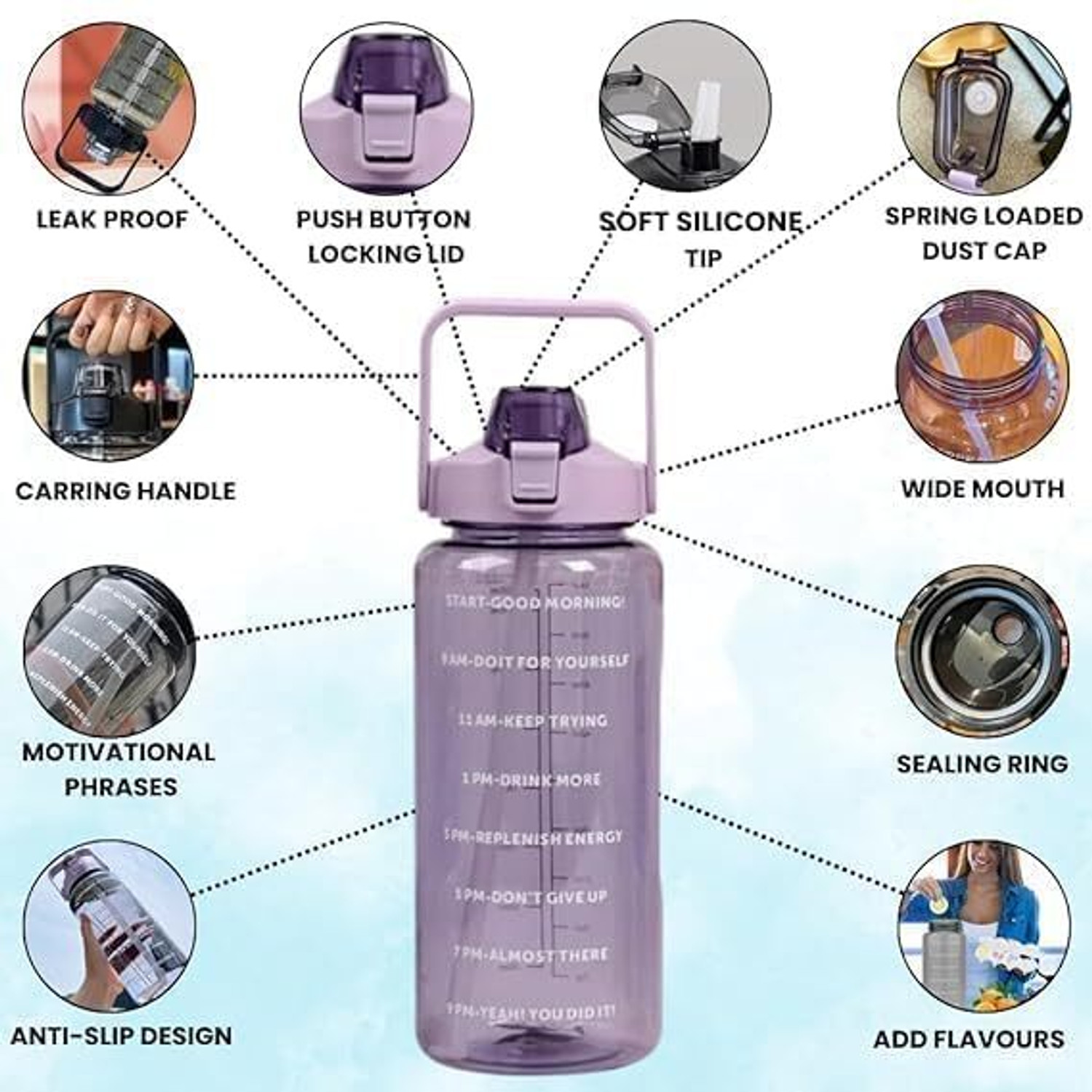 Image of viyagenterprise 2pack 2 Litre Plastic Water Bottle Motivational Water Bottle 2000 ml Silicone Bottle